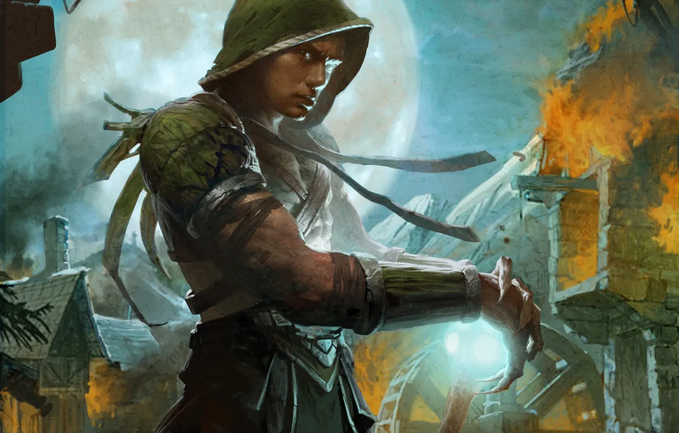 Photo wallpaper night, lights, magic, the moon, art, hood, staff, guy