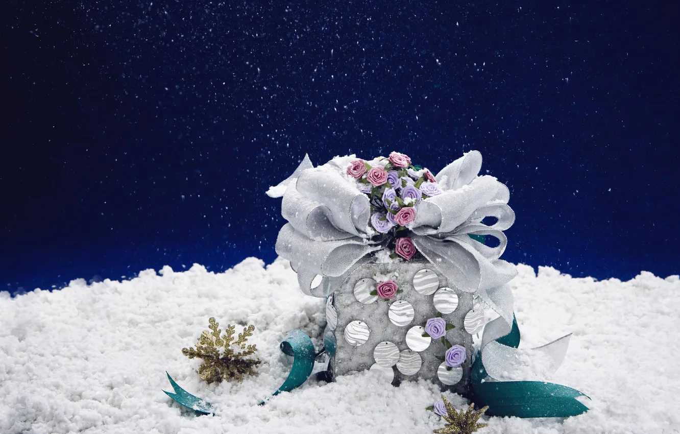 Photo wallpaper white, snow, flowers, snowflakes, blue, gift, blue, color