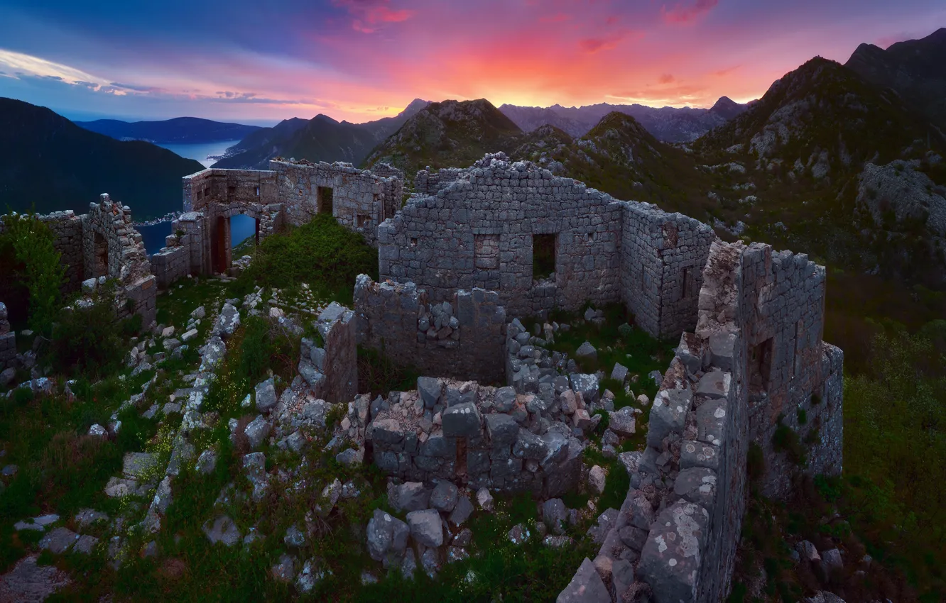 Photo wallpaper sea, landscape, mountains, nature, stones, the evening, ruins, fortress