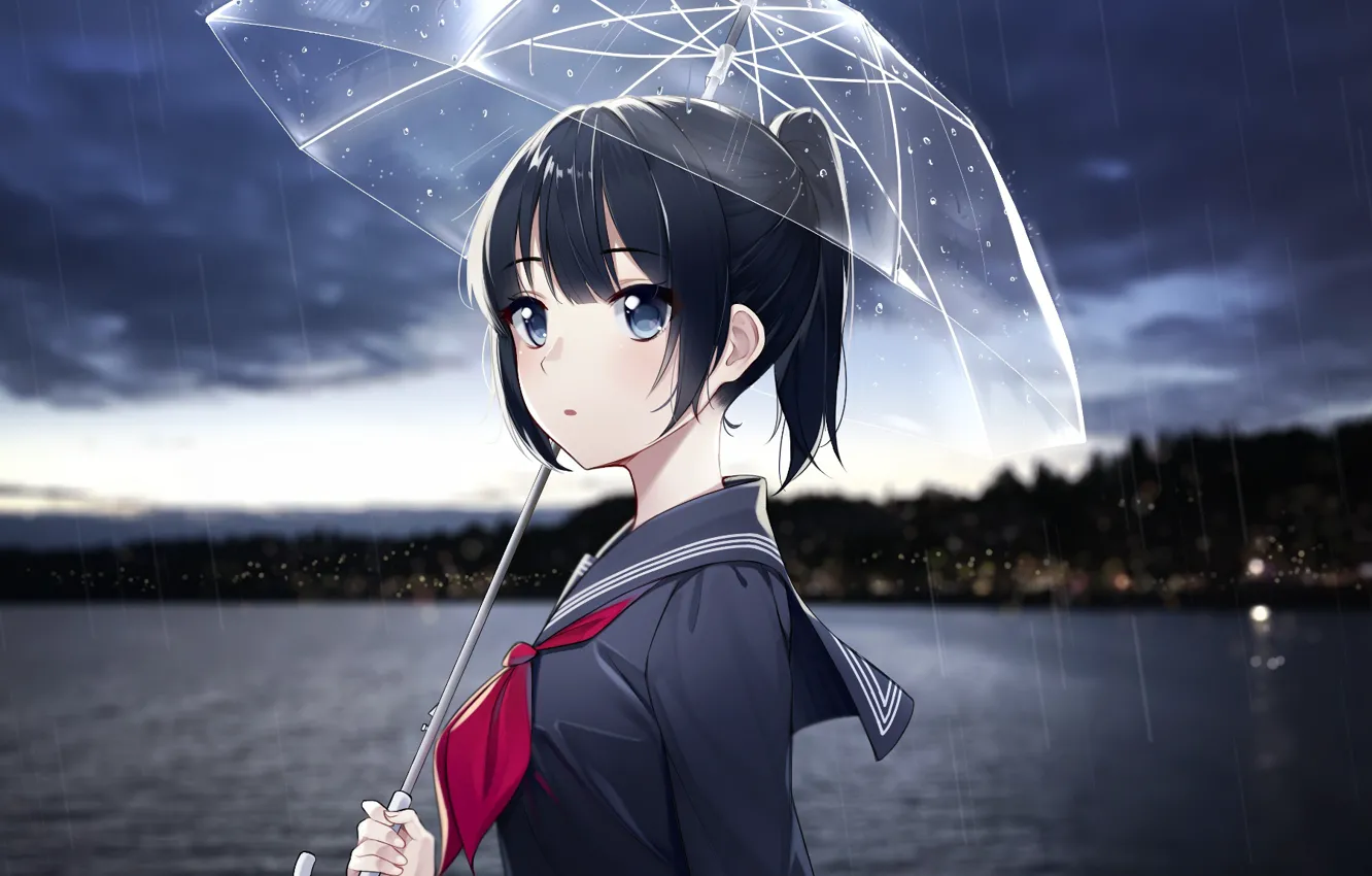 Photo wallpaper rain, umbrella, girl