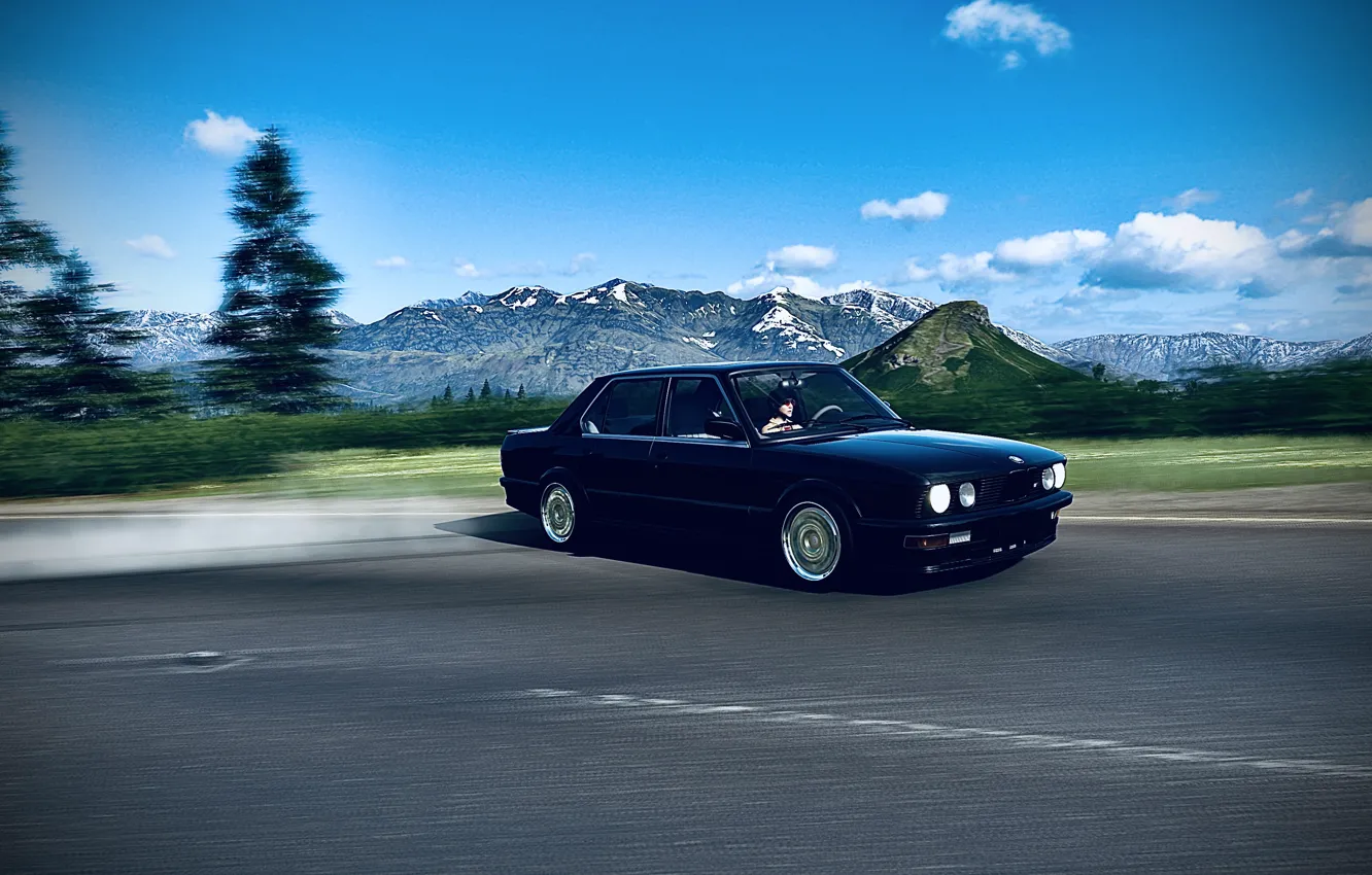 Photo wallpaper HDR, BMW, drift, game, sky, trees, landscape, smoke