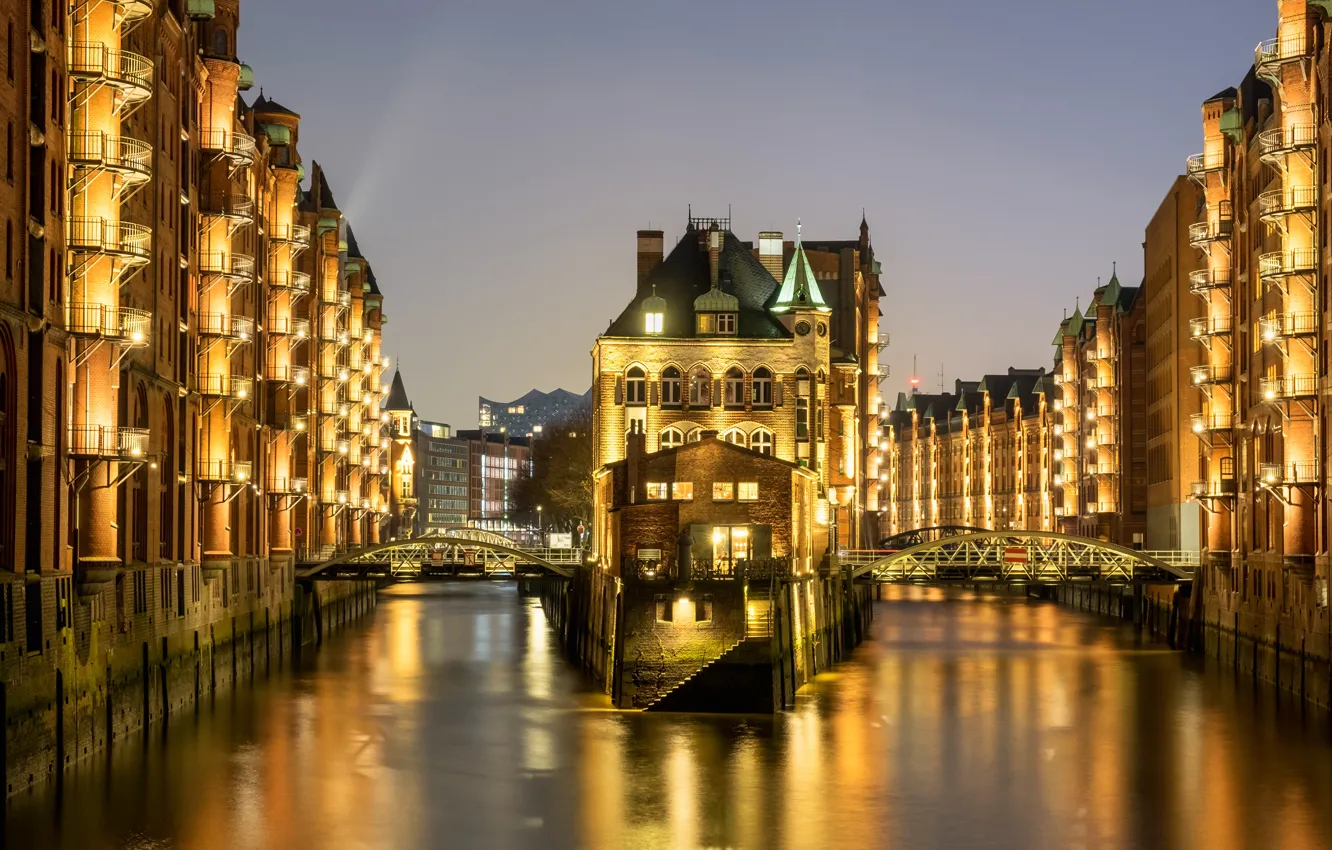 Photo wallpaper the sky, water, clouds, bridge, the city, lights, reflection, building
