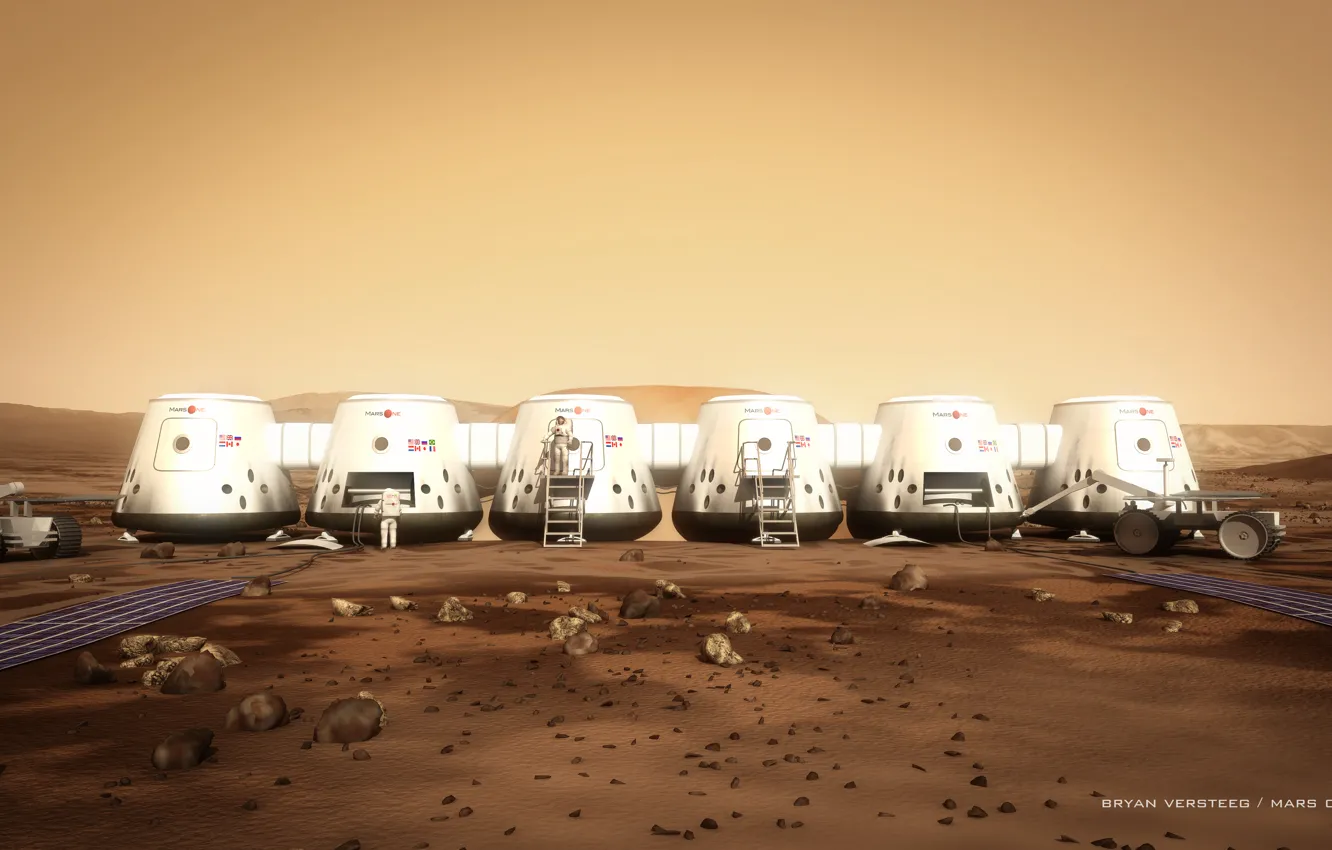 Photo wallpaper stones, Mars, astronaut, the ground, module, the Rover, Mars One