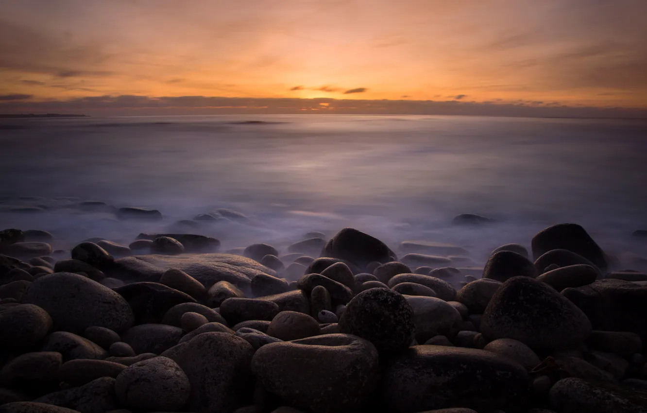 Photo wallpaper sea, sunset, stones, shore, the evening, horizon, twilight, boulders