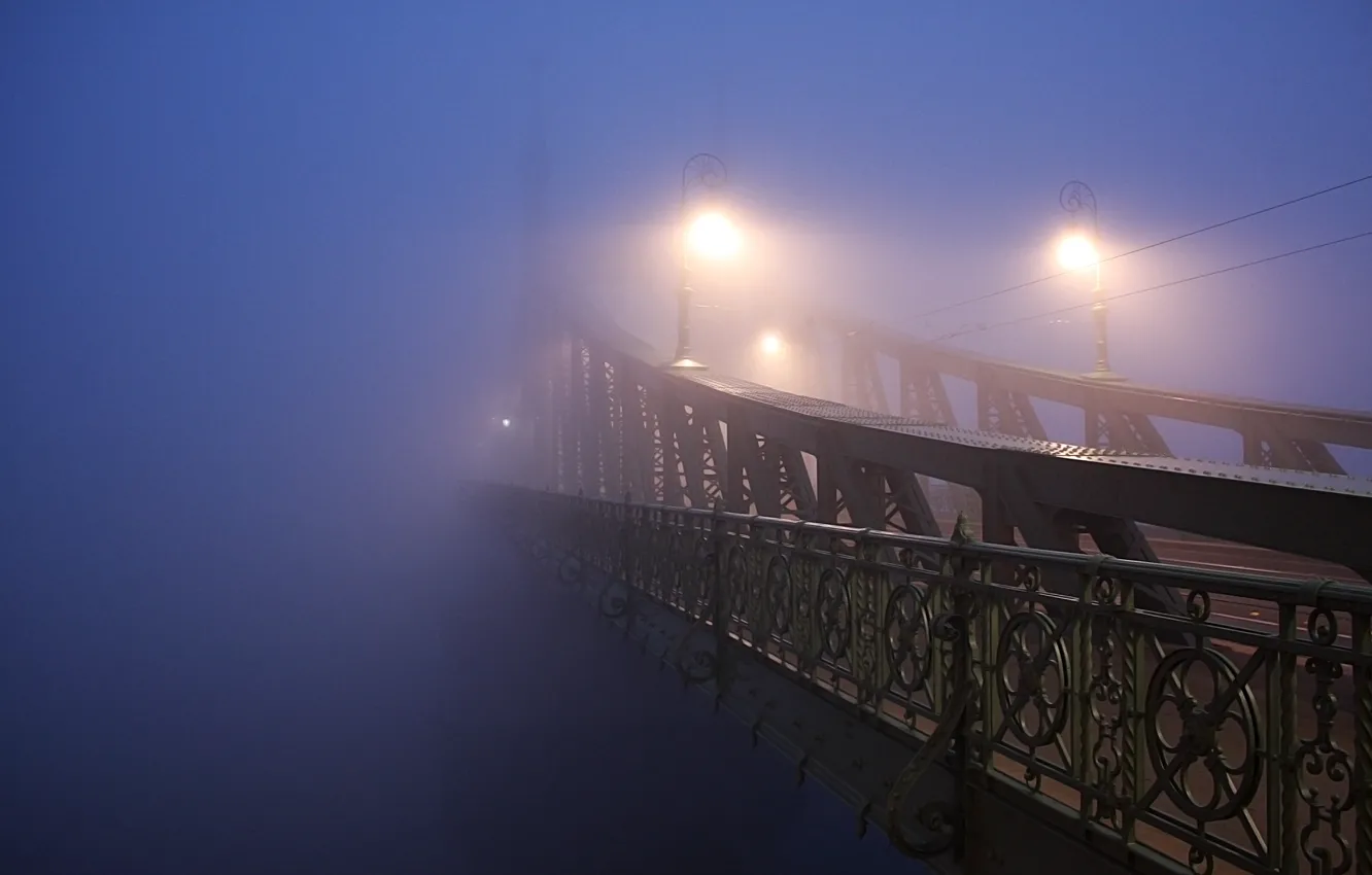Photo wallpaper light, night, the city, fog, photo, lamp, bridges