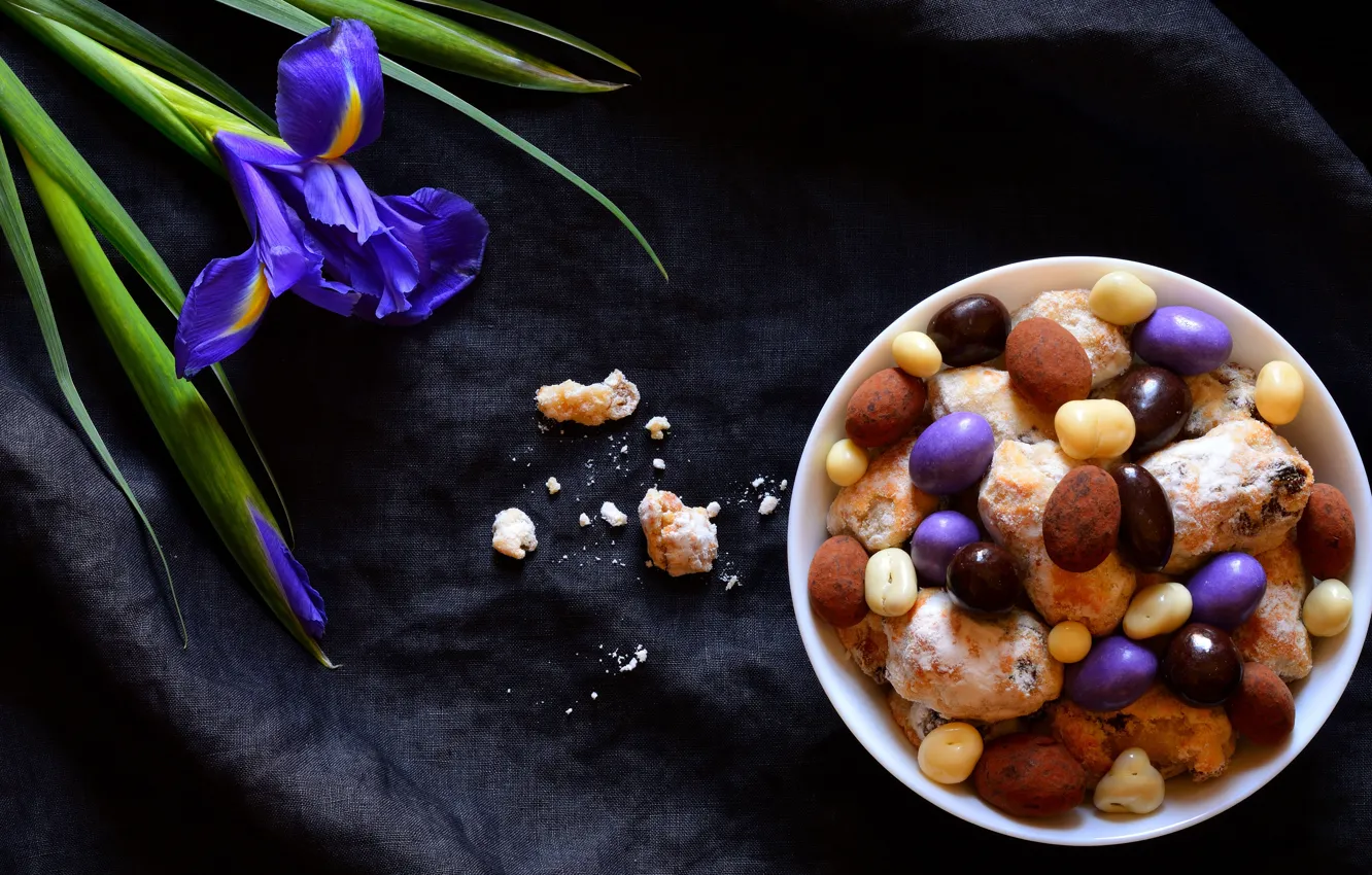 Photo wallpaper flowers, the dark background, food, cookies, candy, bowl, still life, composition