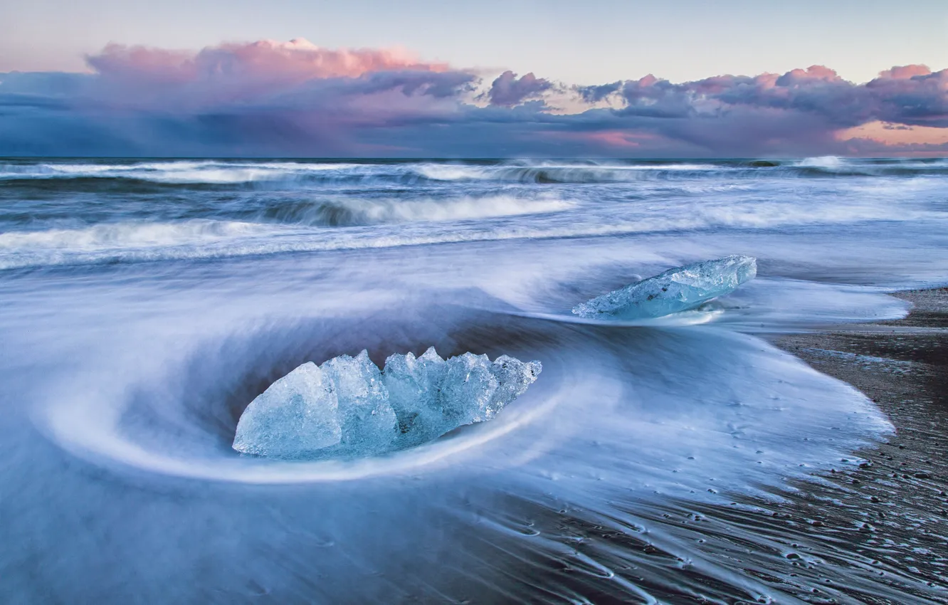 Photo wallpaper ice, sea, wave, the sky, clouds, storm, shore, floe