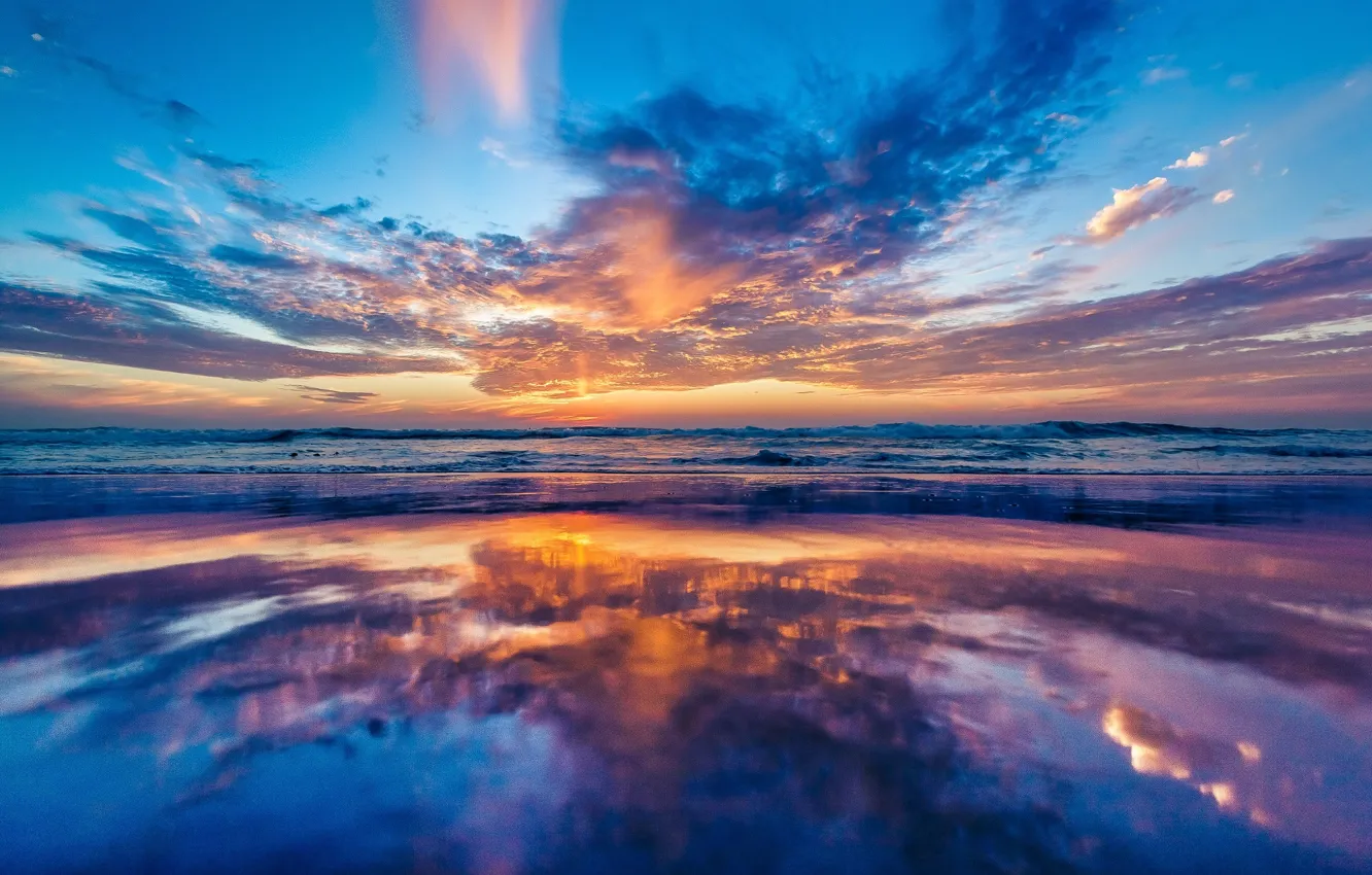 Photo wallpaper beach, reflection, the ocean, dawn, coast