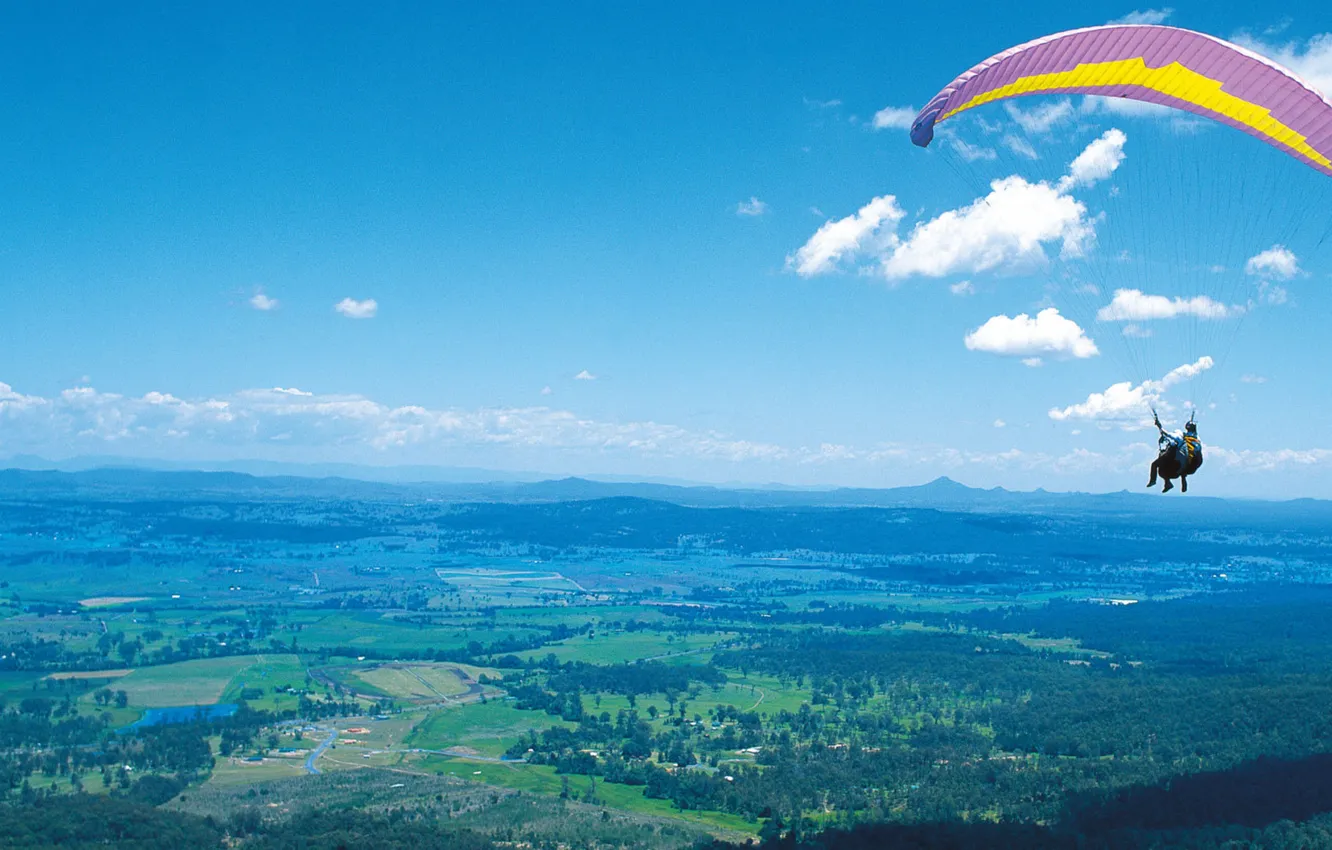 Photo wallpaper the sky, clouds, flight, mountains, earth, people, height, paraglider