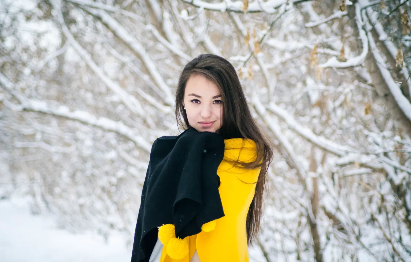 Photo wallpaper cold, winter, girl, comfort, poncho