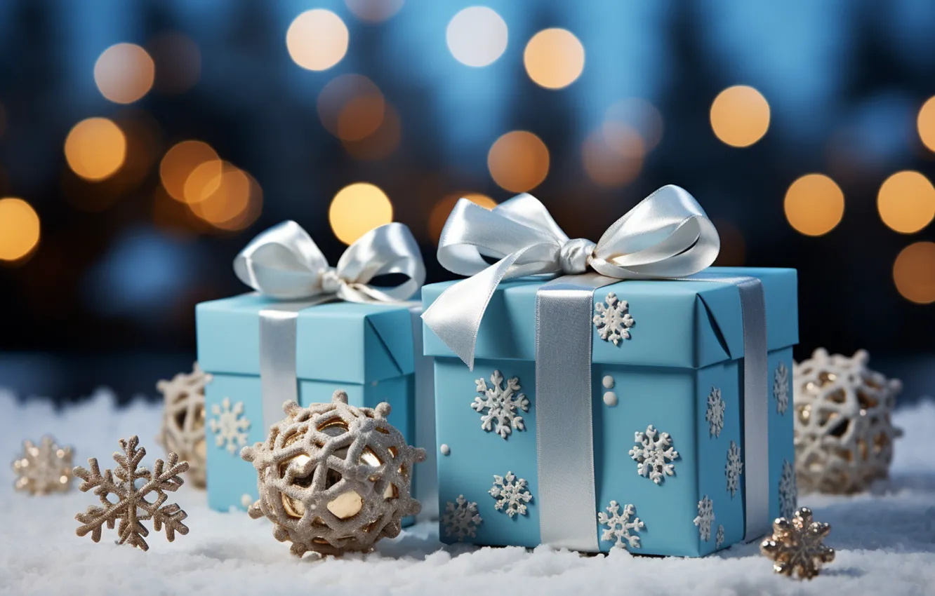 Photo wallpaper winter, snow, decoration, snowflakes, gift, balls, new year, Christmas