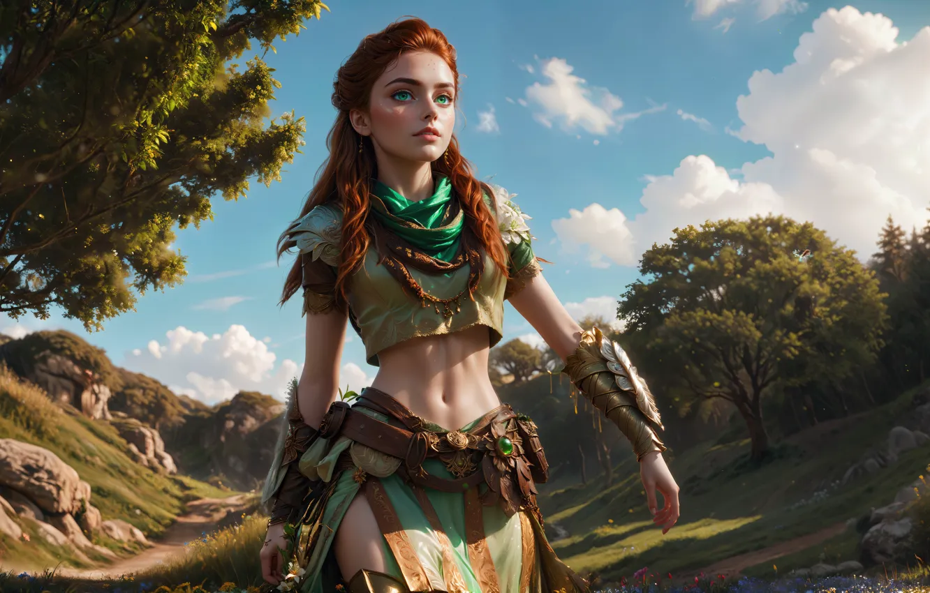 Photo wallpaper fantasy, art, dawn, horizon, Zero, Aloy
