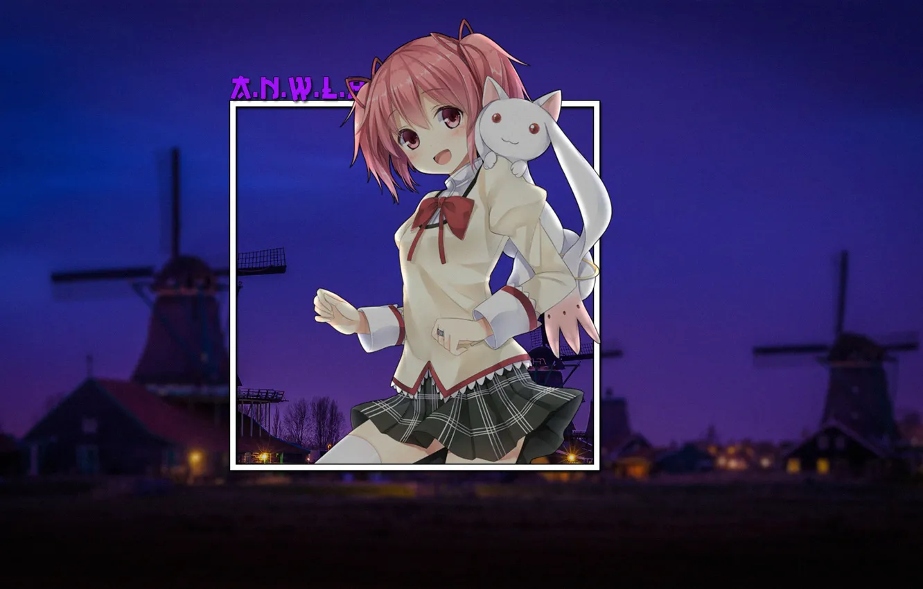 Photo wallpaper cat, girl, the evening, anime, mill, madskillz