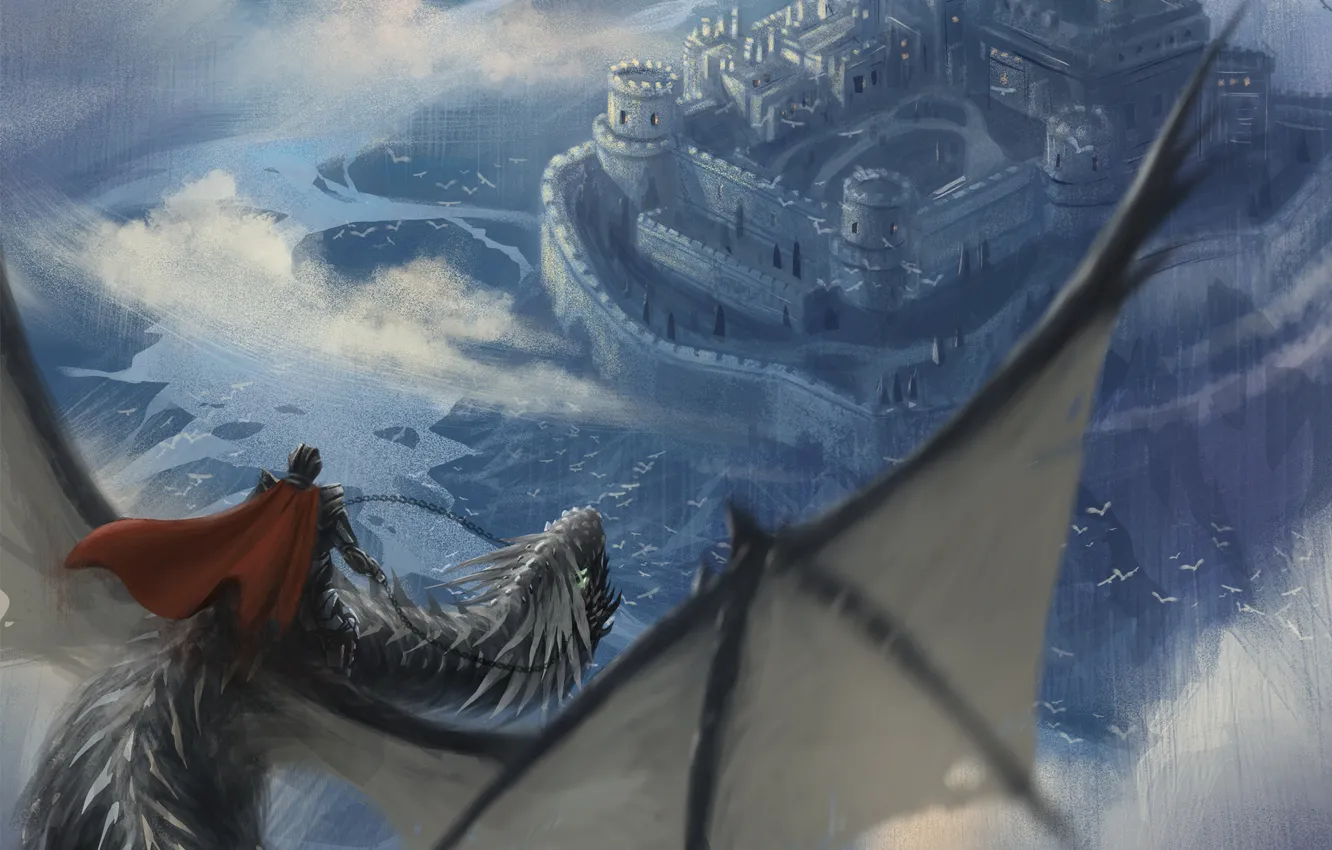 Photo wallpaper flight, castle, dragon, art, rider, in the sky