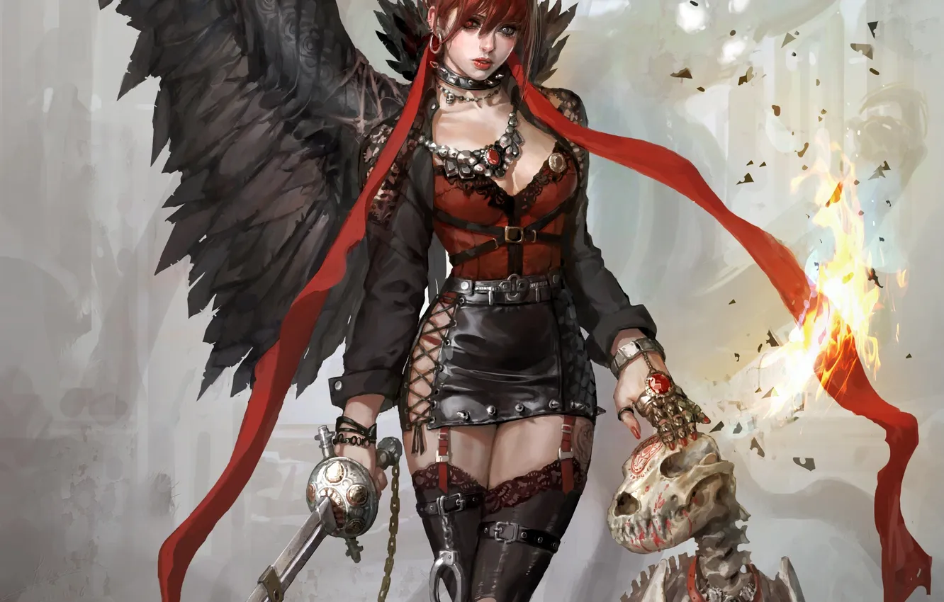 Photo wallpaper girl, lights, weapons, magic, dog, sword, anime, art