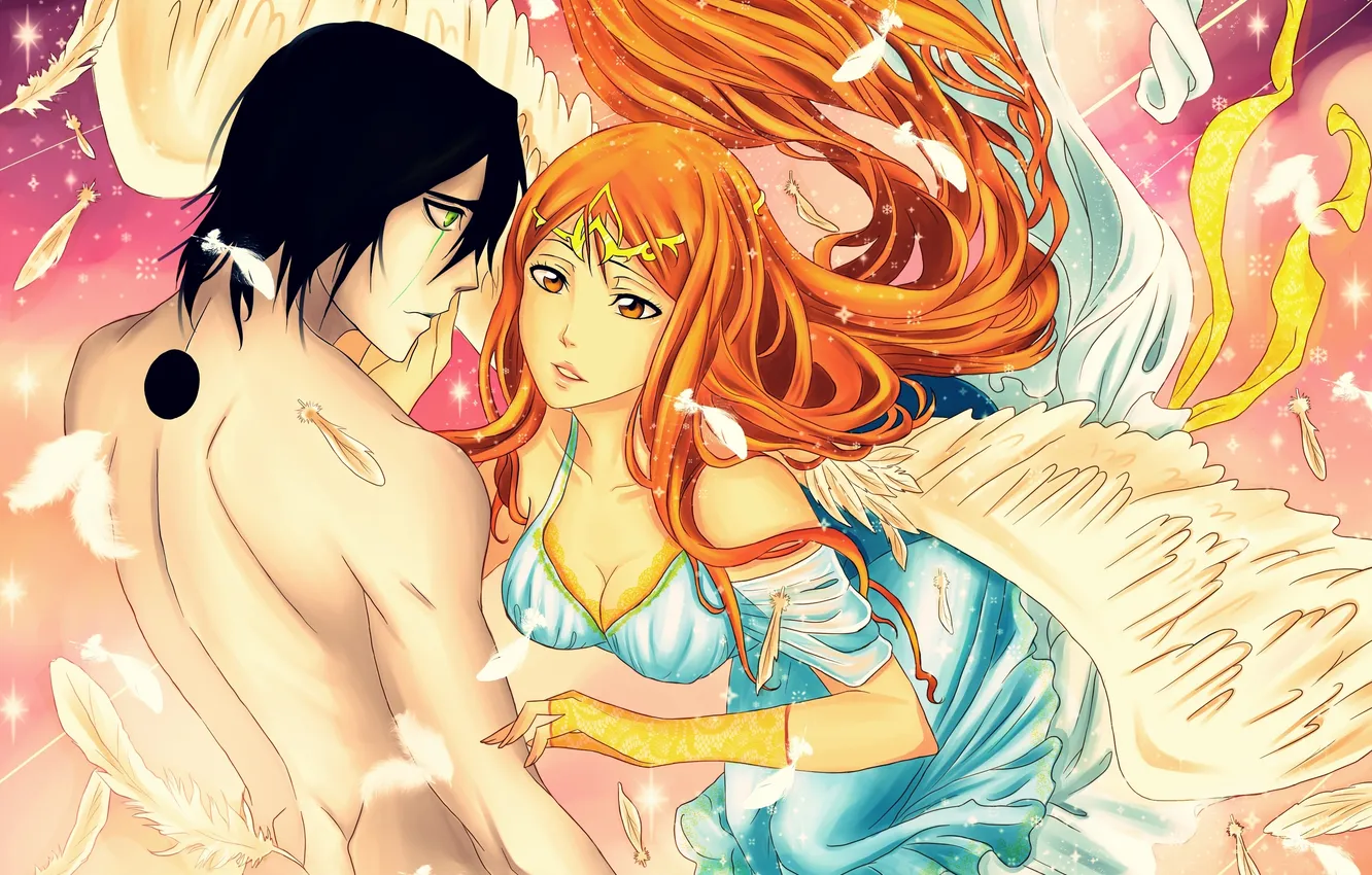 Photo wallpaper chest, look, girl, wings, angel, feathers, neckline, guy