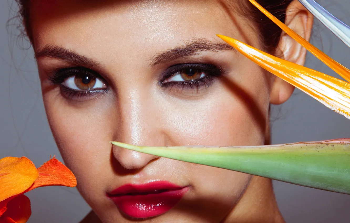 Photo wallpaper look, leaves, face, model, lipstick, lips, Jaclyn Swedberg