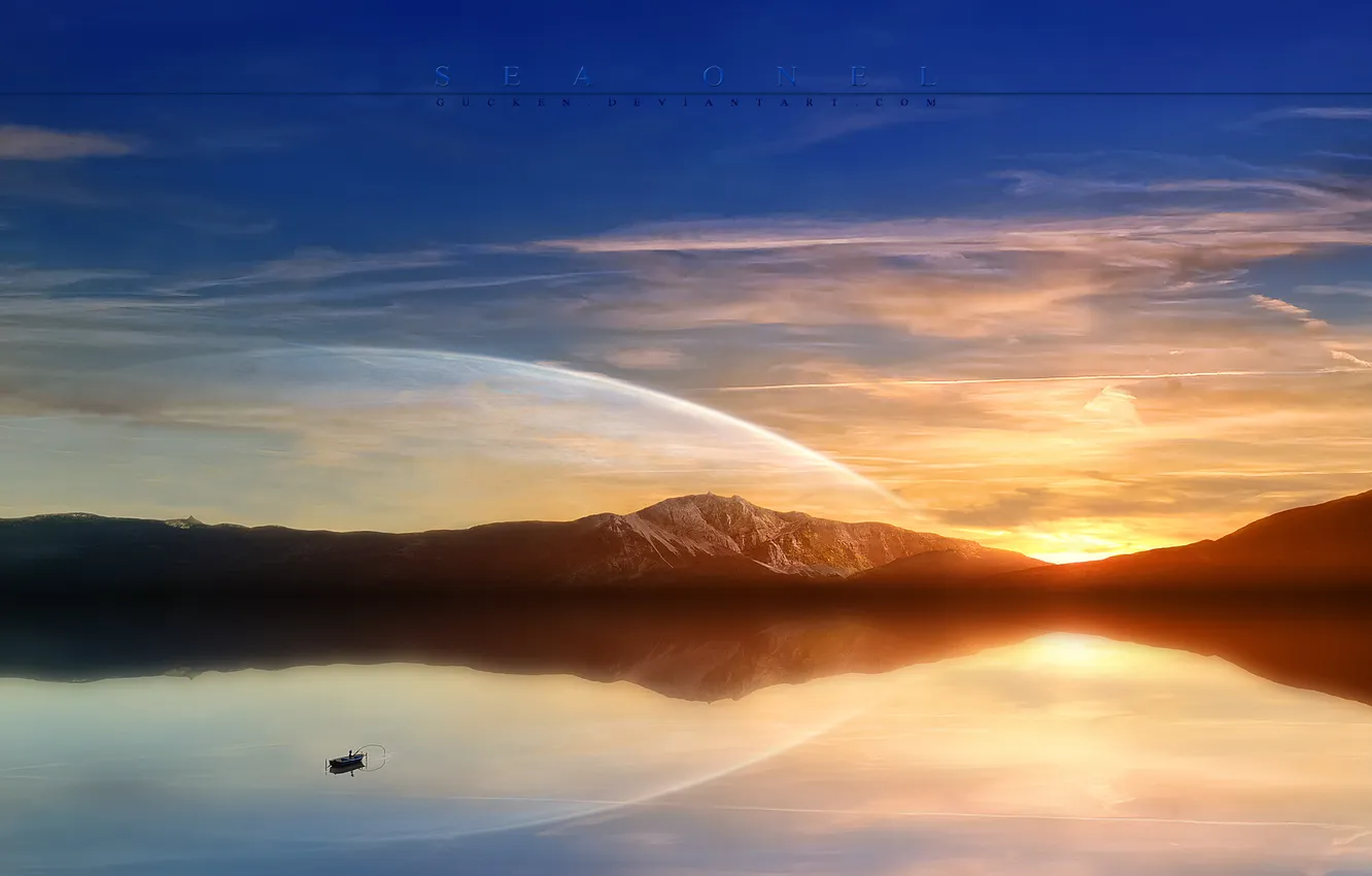 Photo wallpaper sea, water, sunset, mountains