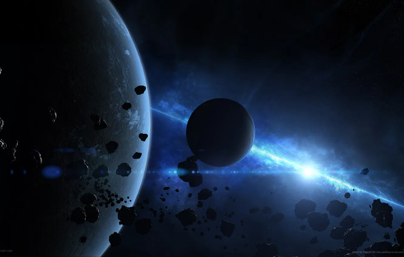 Photo wallpaper stars, planet, satellite, glow, asteroids