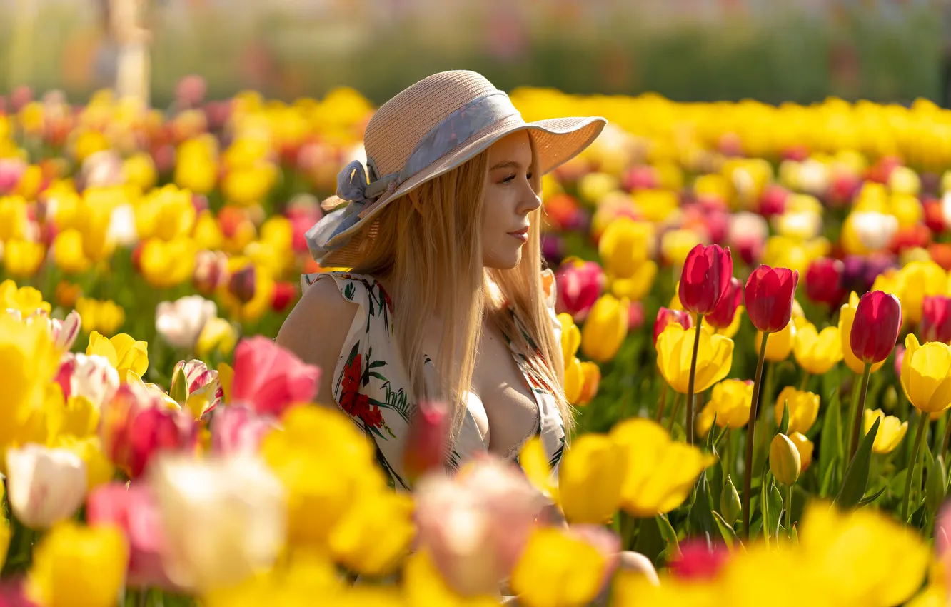 Photo wallpaper hat, bokeh, Sophia, blonde, tulips