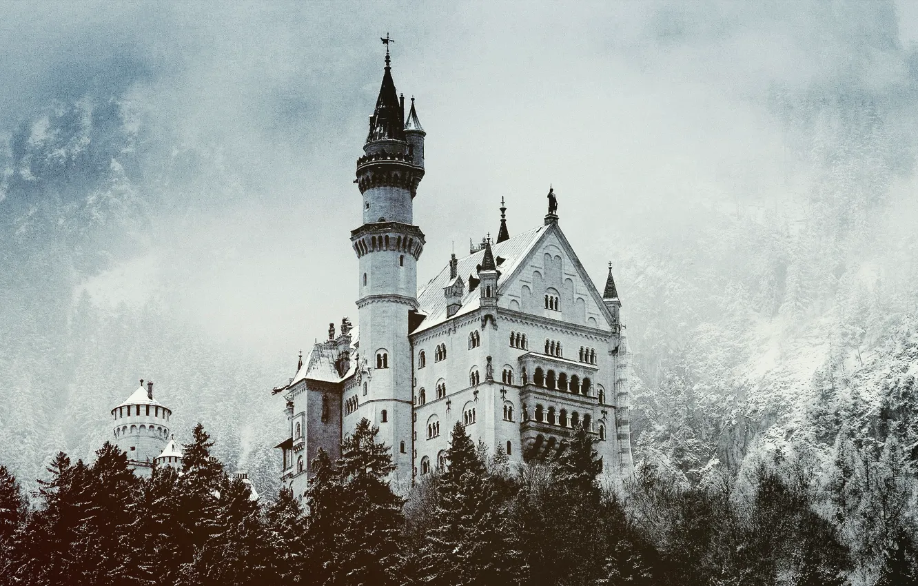 Photo wallpaper winter, forest, snow, castle, tower, Castle