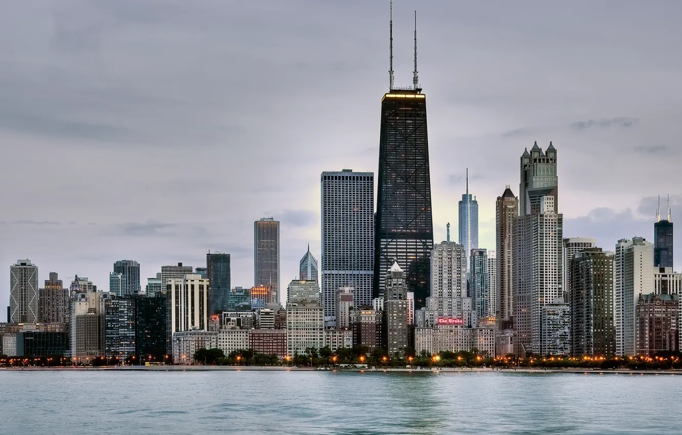 Photo wallpaper lake, skyscrapers, Chicago, Michigan, architecture