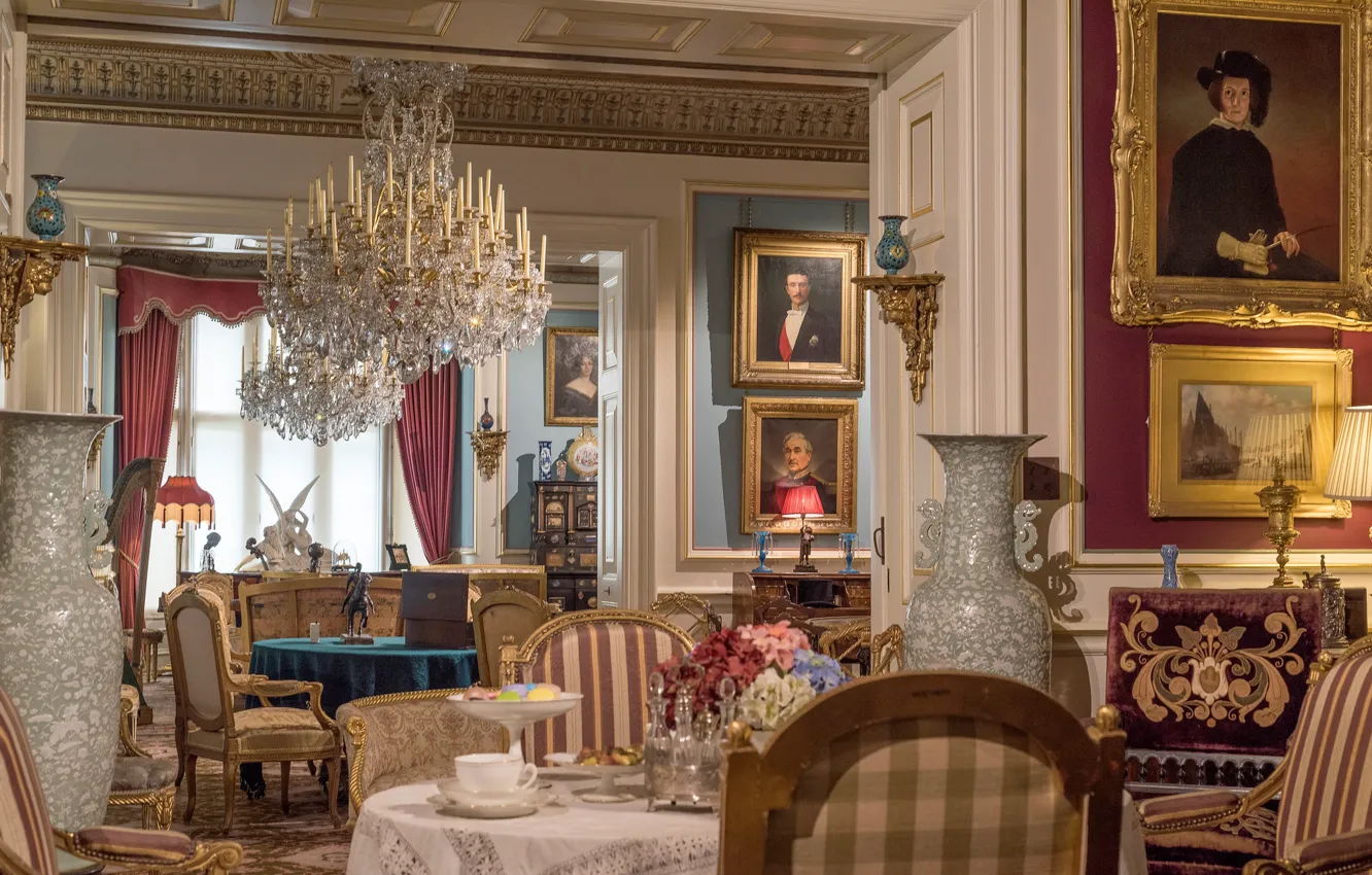 Photo wallpaper table, England, picture, chair, chandelier, vase, Museum, living room