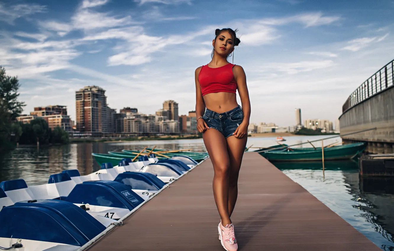 Photo wallpaper girl, the city, river, boat, shorts, makeup, pier, Mike