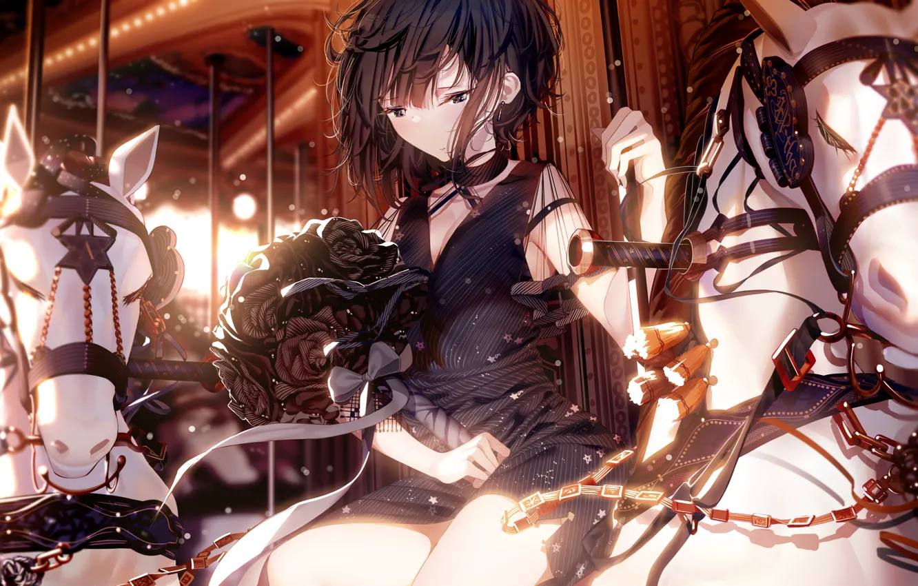 Photo wallpaper sadness, girl, horse, bouquet, carousel, black roses