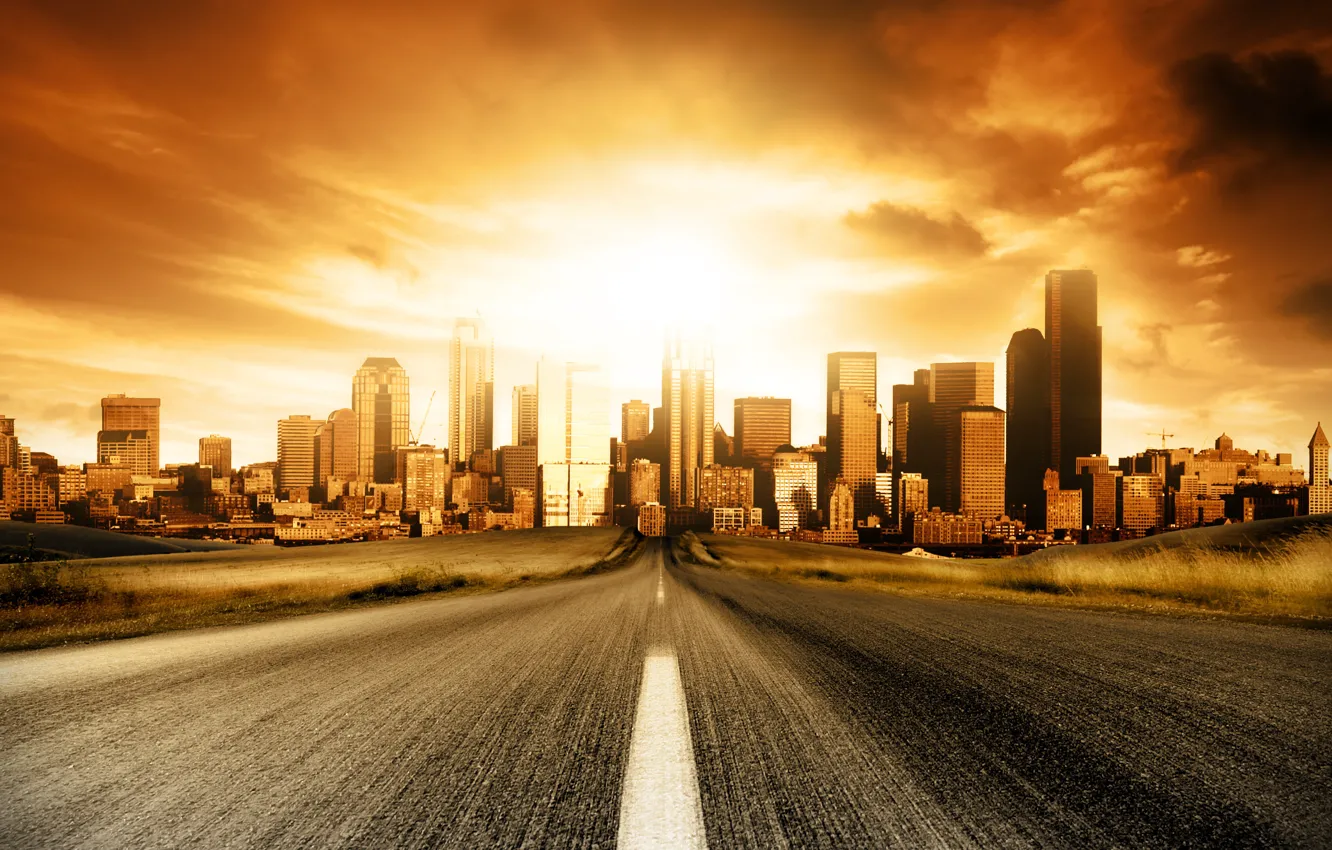 Photo wallpaper sunset, the city, speed, Road
