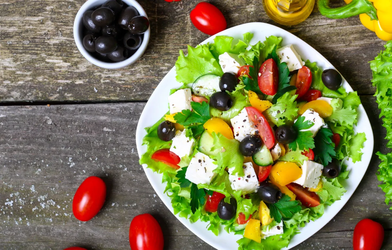 Photo wallpaper food, tomatoes, salad, tomatoes, Greek, Peppers, lettuce, olives