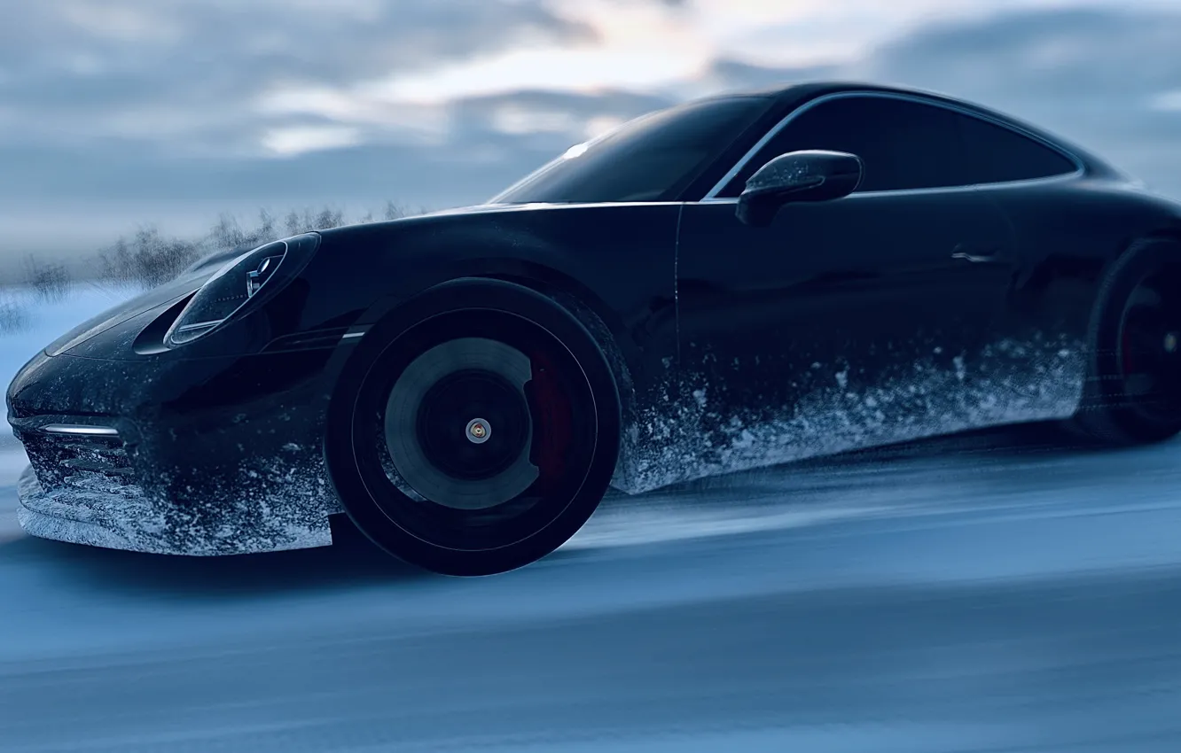 Photo wallpaper HDR, 911, drift, game, winter, snow, Carrera S, UHD