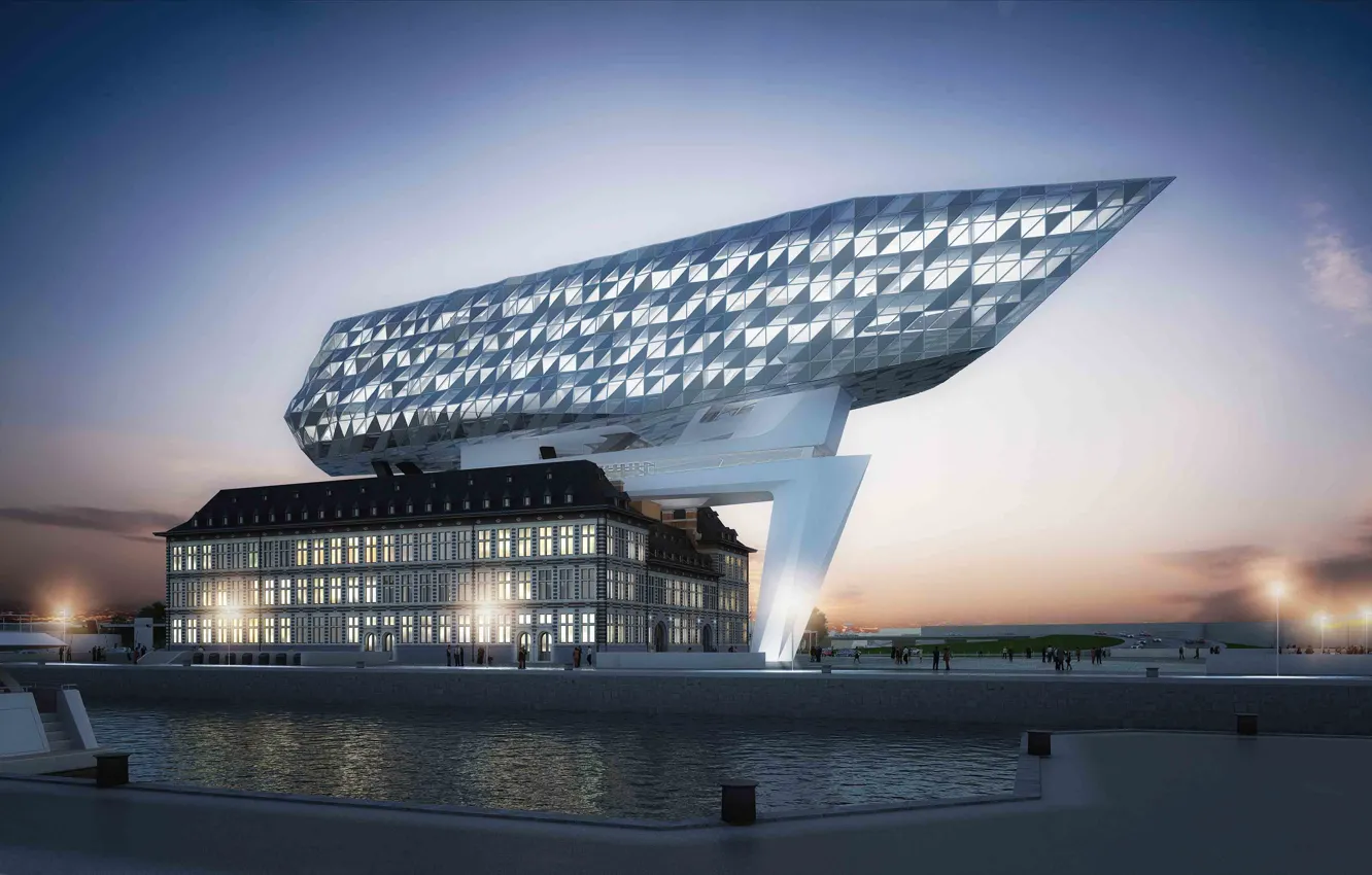 Photo wallpaper design, the city, building, port, architecture, sunset, Belgium, exterior