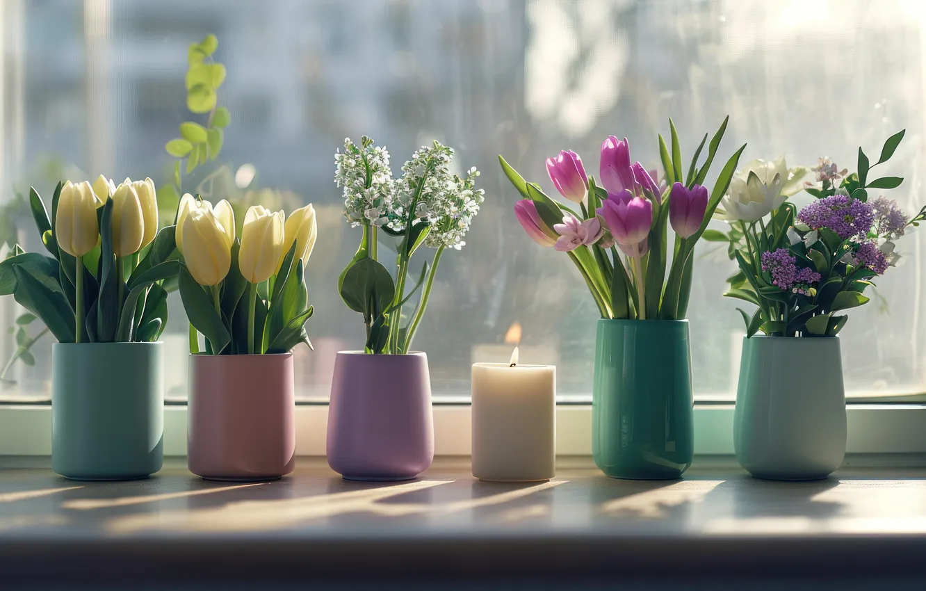 Photo wallpaper flowers, bouquet, vase, AI art, neural network