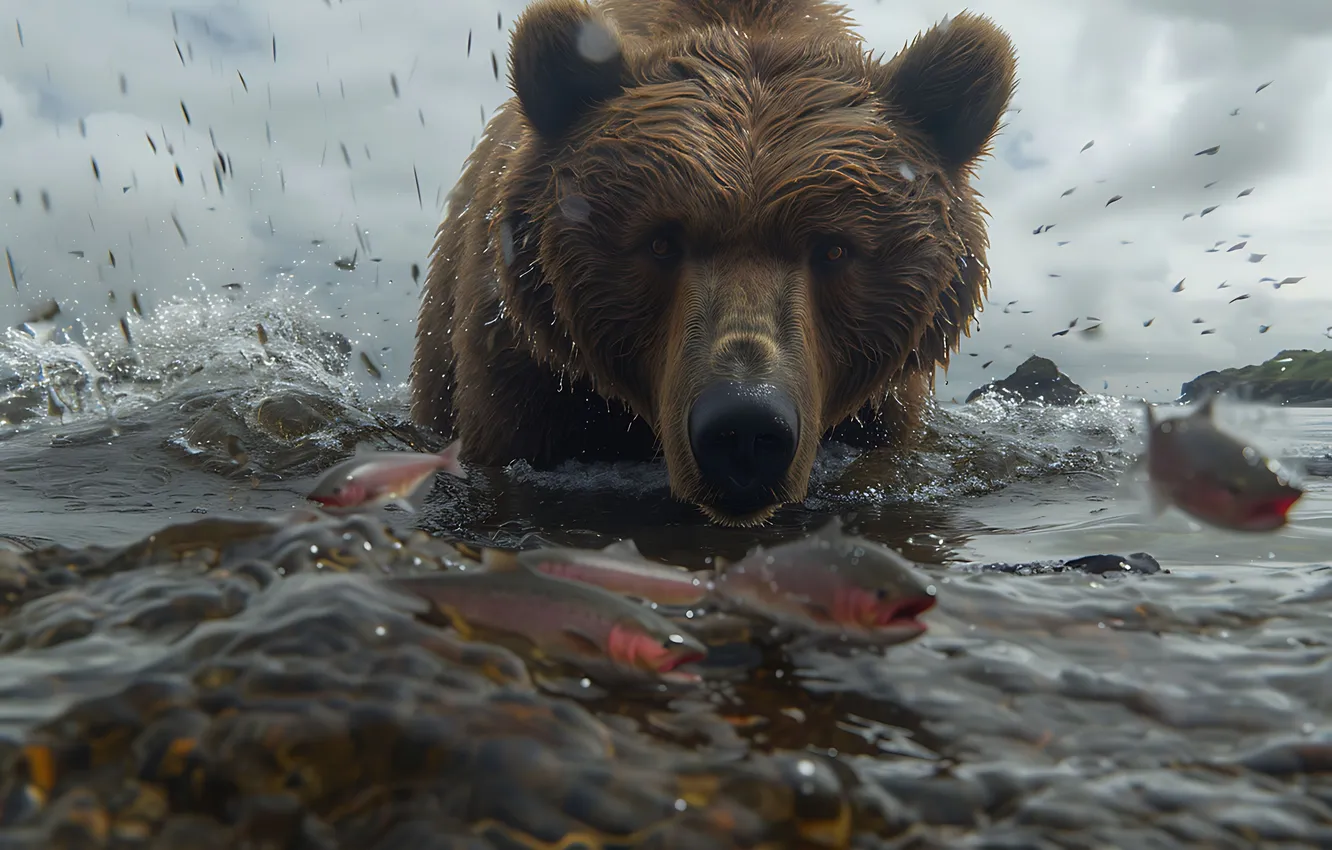 Photo wallpaper look, face, water, fish, predator, bear, river, brown bear