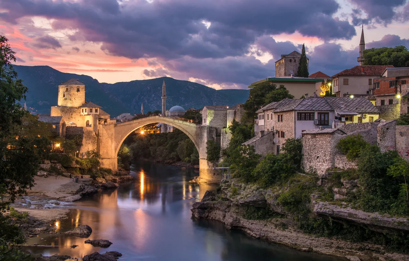 Photo wallpaper the sky, clouds, mountains, bridge, the city, building, home, river