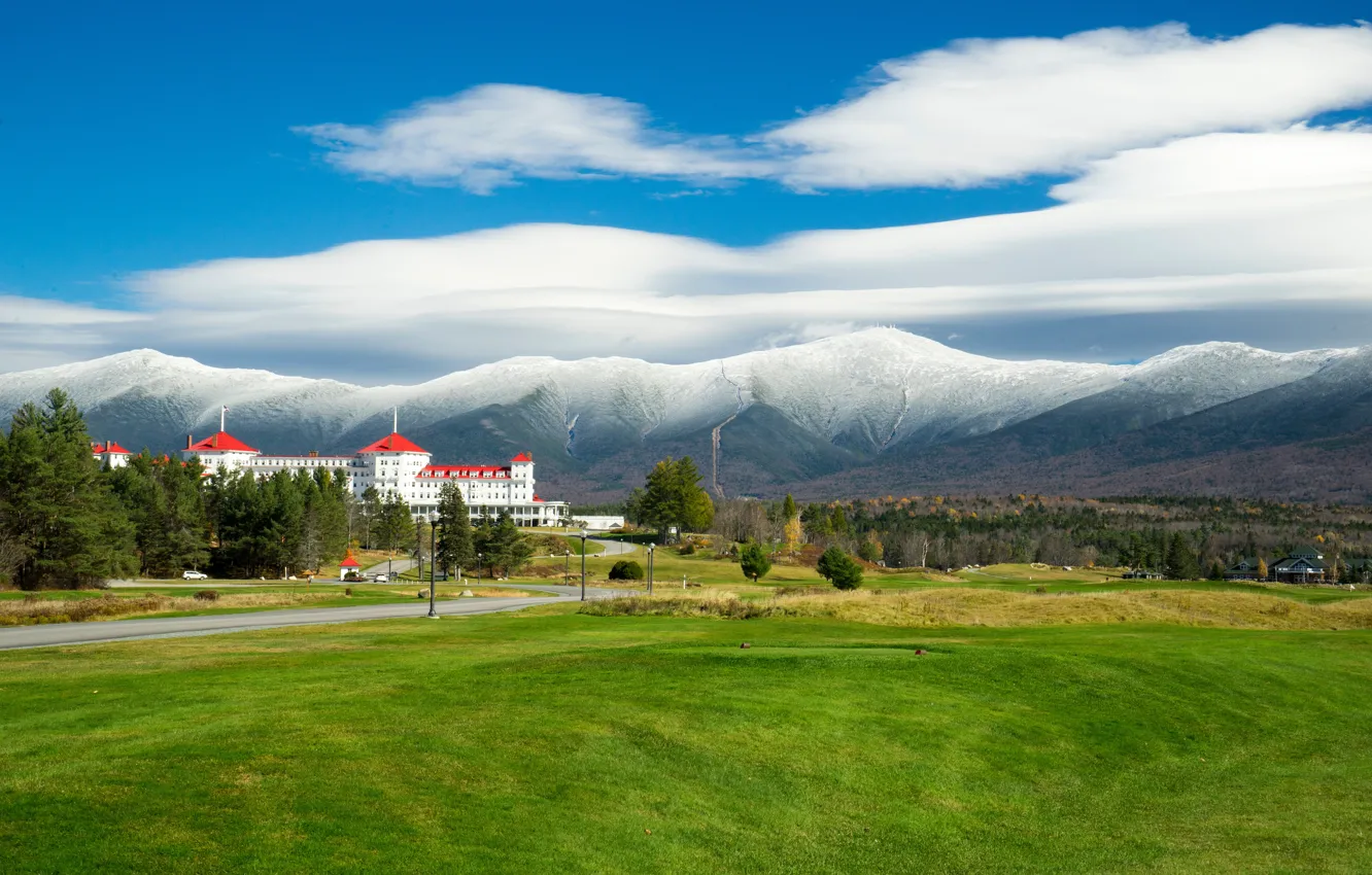 Photo wallpaper clouds, mountains, USA, New Hampshire, Mount Washington Hotel