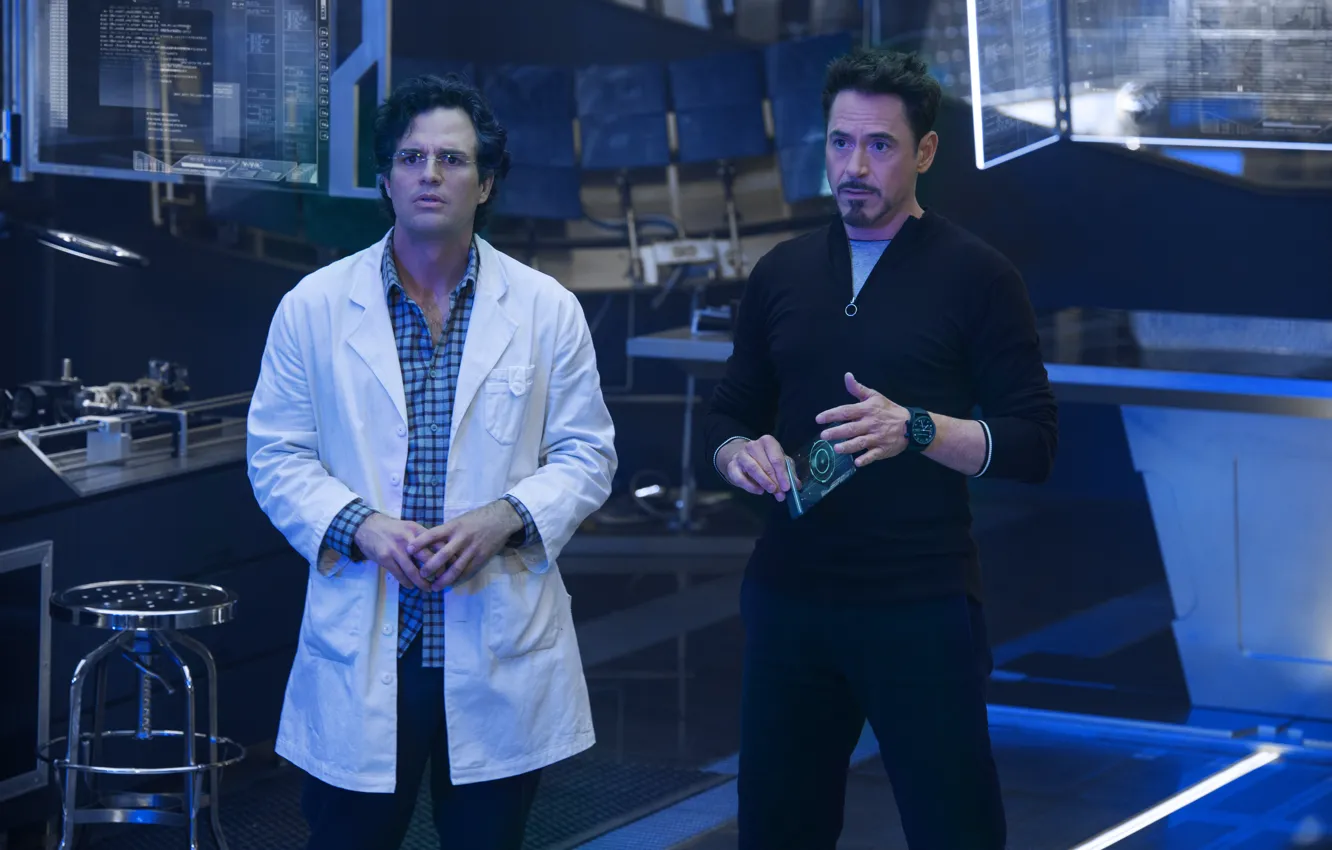 Photo wallpaper frame, Hulk, laboratory, Iron Man, Robert Downey Jr., Robert Downey Jr., Mark Ruffalo, Mark Ruffalo