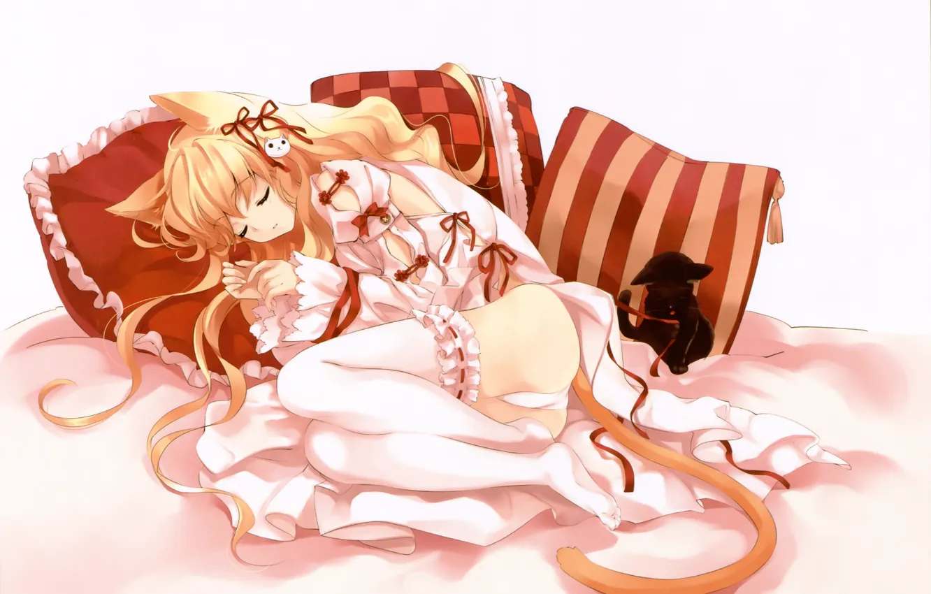 Photo wallpaper sleep, pillow, tail, white stockings, red ribbon, Neko girl, black kitten, lying in bed
