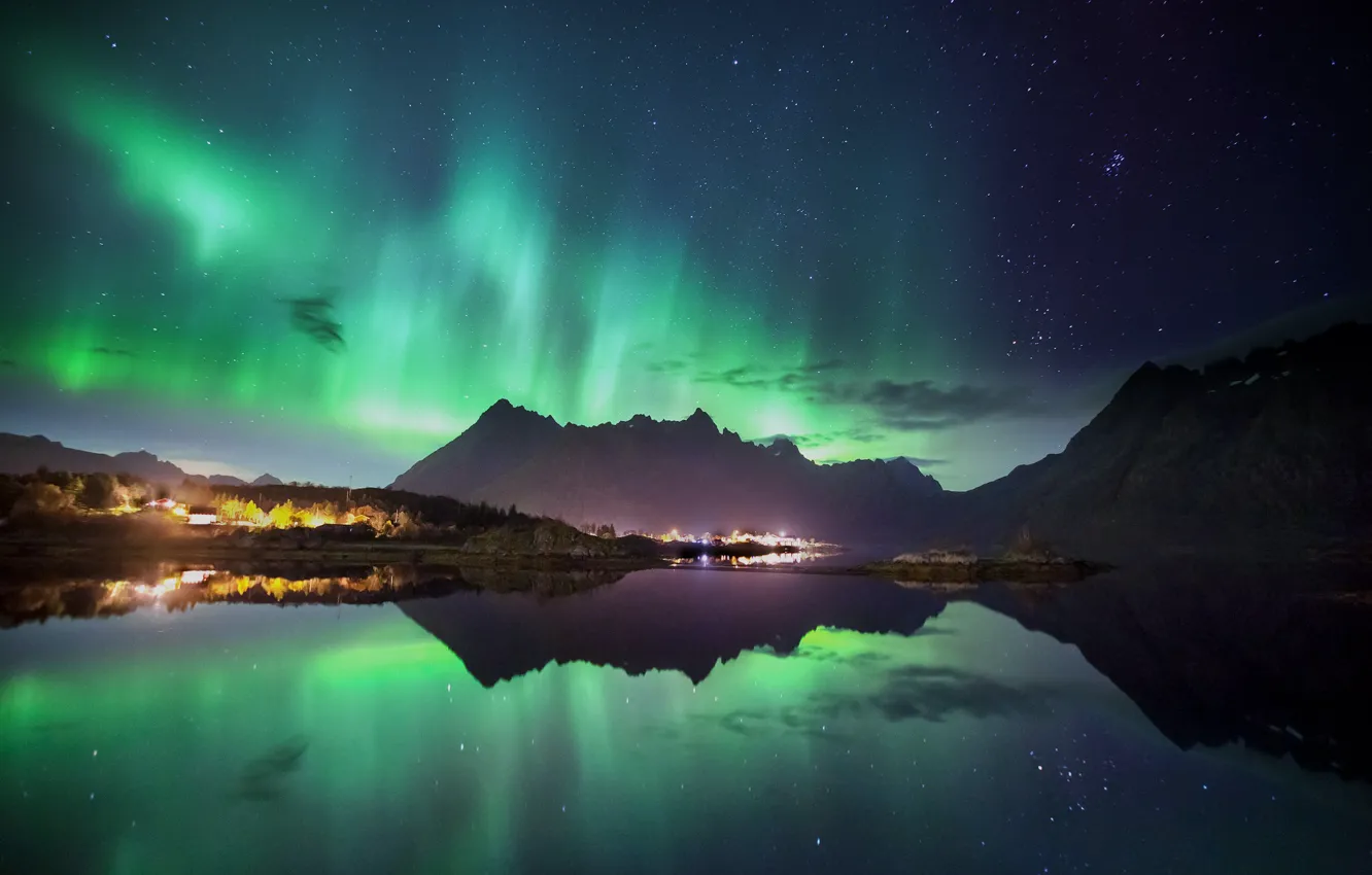 Photo wallpaper light, mountains, night, reflection, Northern lights, town, the village, the fjord