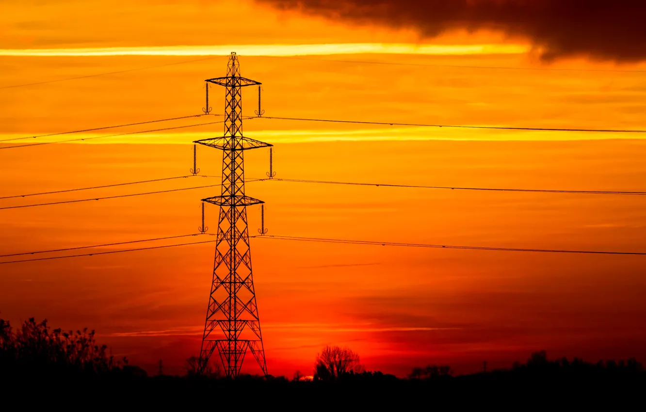 Photo wallpaper clouds, wire, silhouette, support, glow