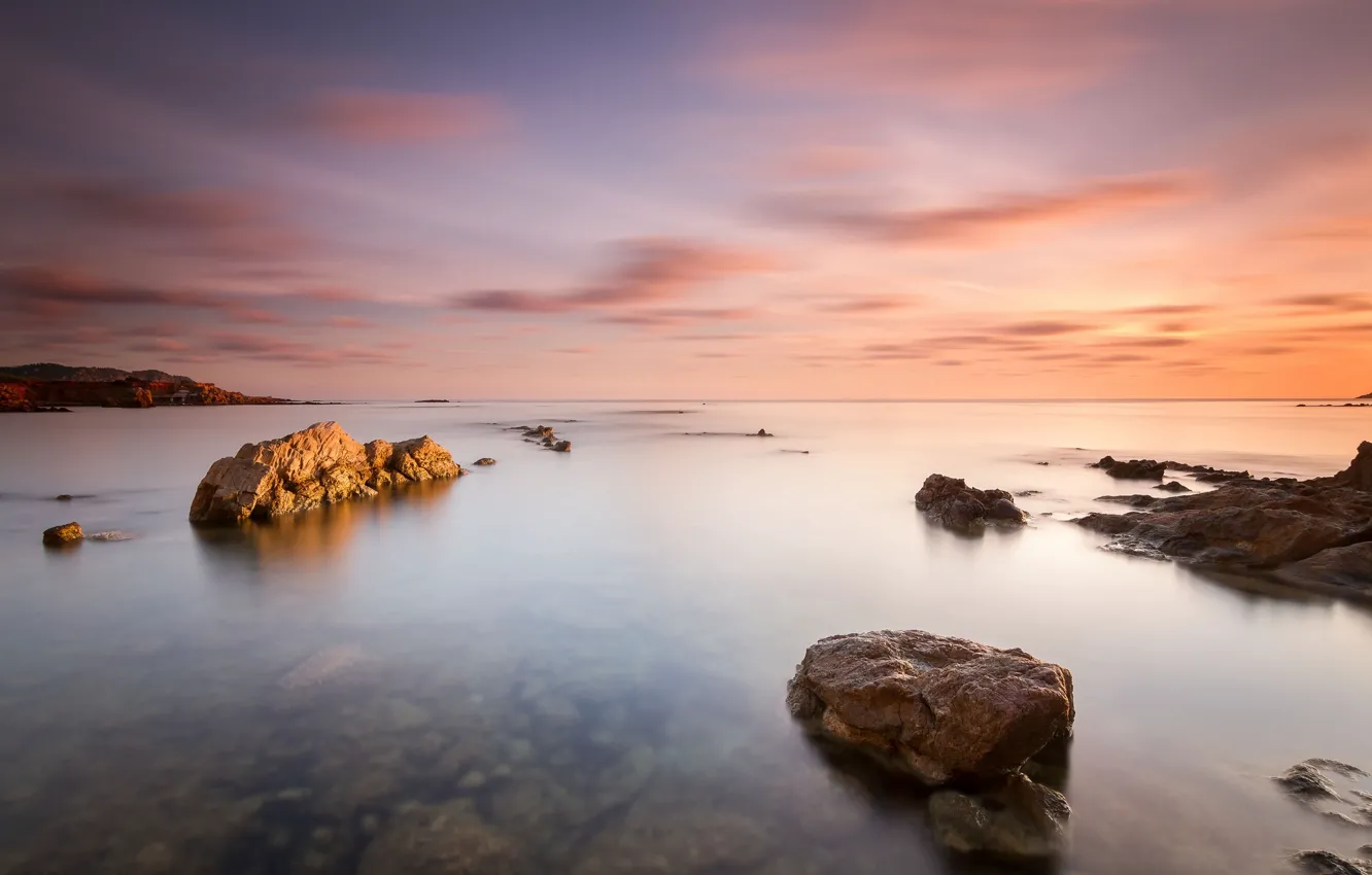 Photo wallpaper landscape, stones, the ocean, rocks, dawn, shore