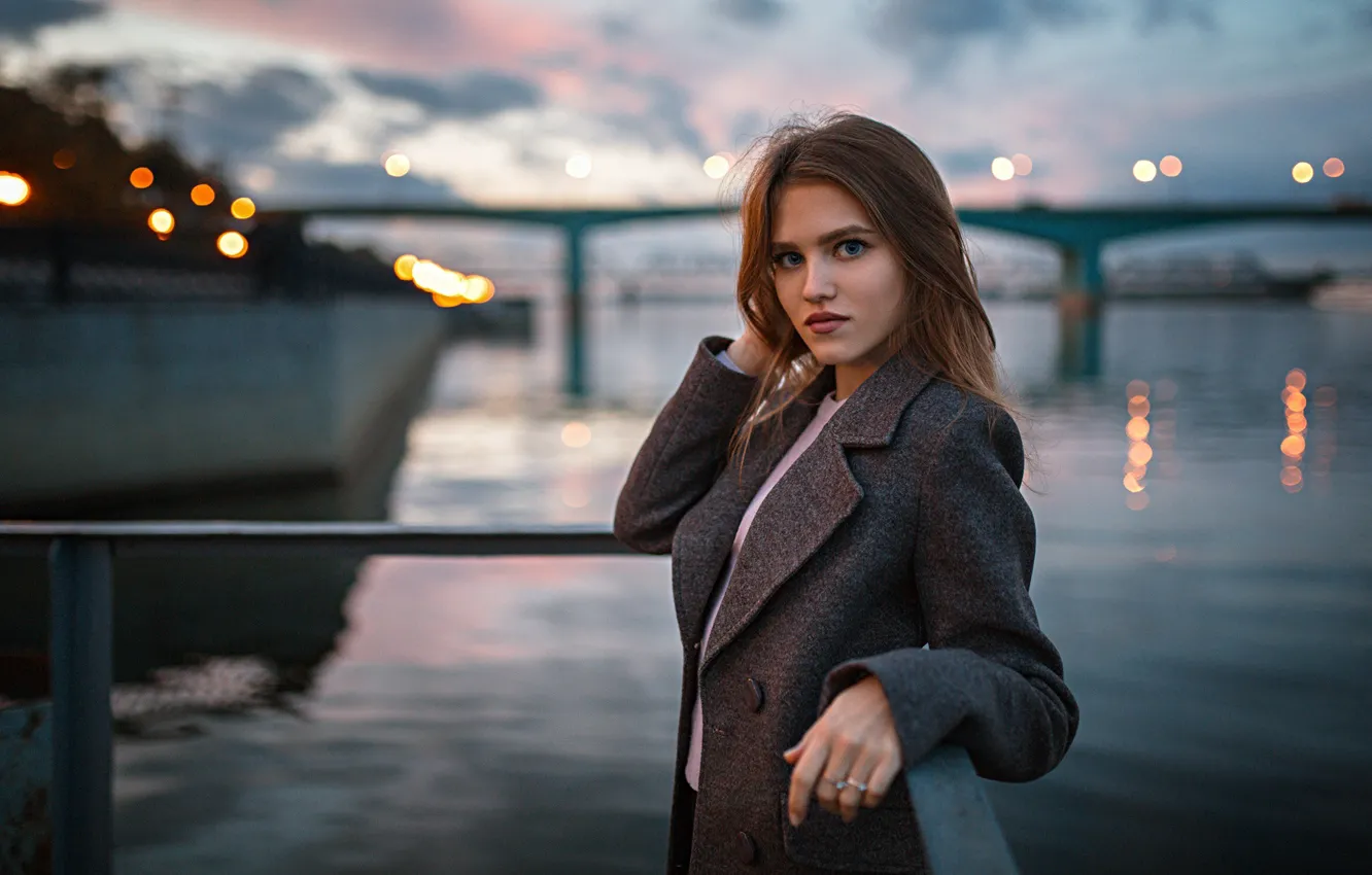 Photo wallpaper water, girl, the city, the evening, coat, Olya, Alexander Kurennoy