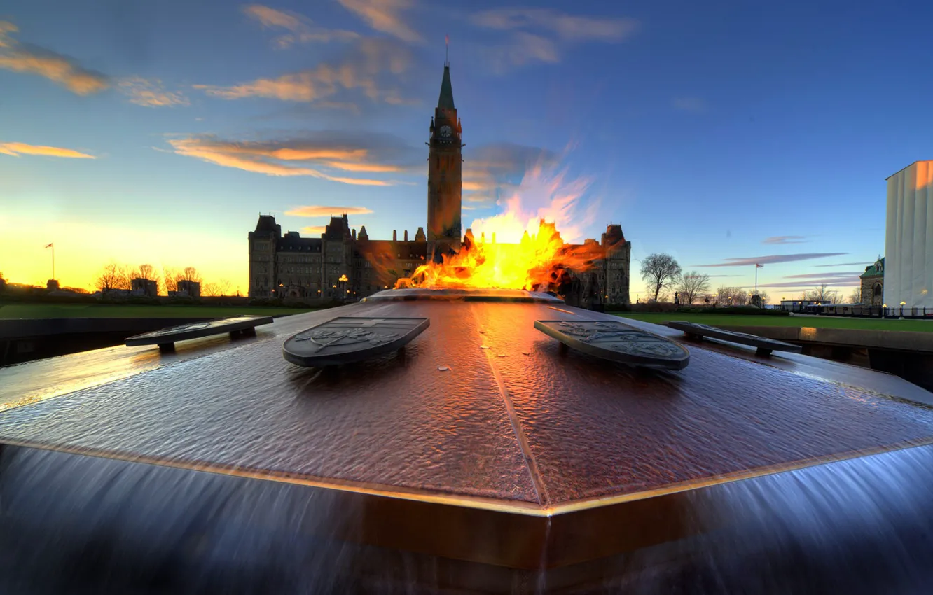 Photo wallpaper tower, Canada, fountain, Parliament, eternal flame, Ottawa