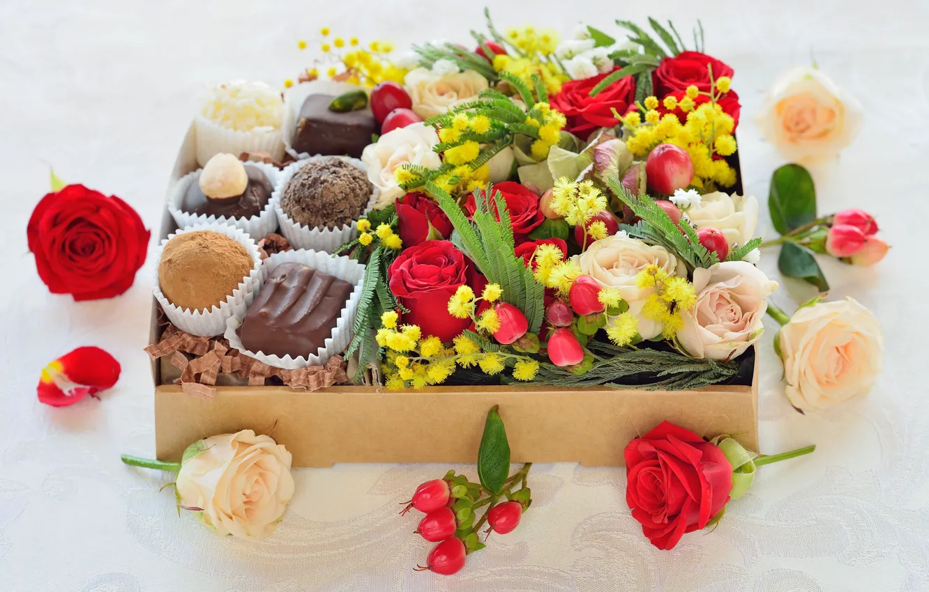 Photo wallpaper Valentine's day, flowers, candy, gift