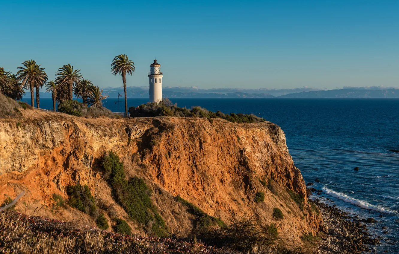 Photo wallpaper sea, the sky, the sun, stones, palm trees, rocks, coast, lighthouse