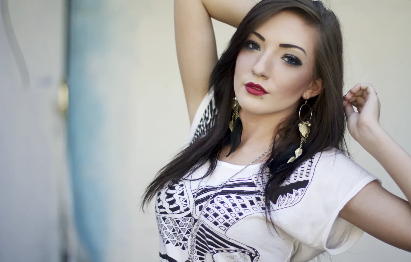 Photo wallpaper girl, woman, model, brunette, piercing, female, earrings, piercings