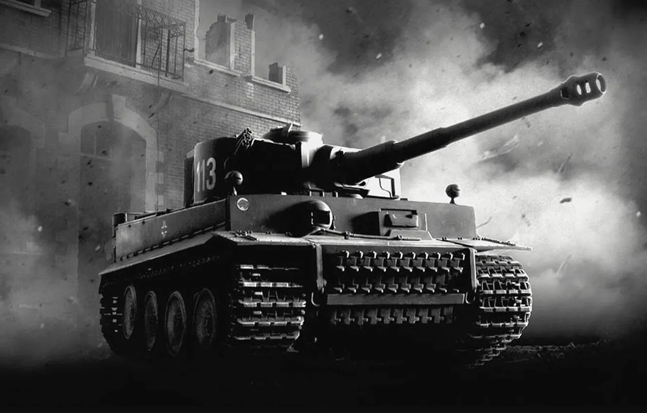 Photo wallpaper Dust, Black and white, Building, Tank, Tiger, Germany, Tank