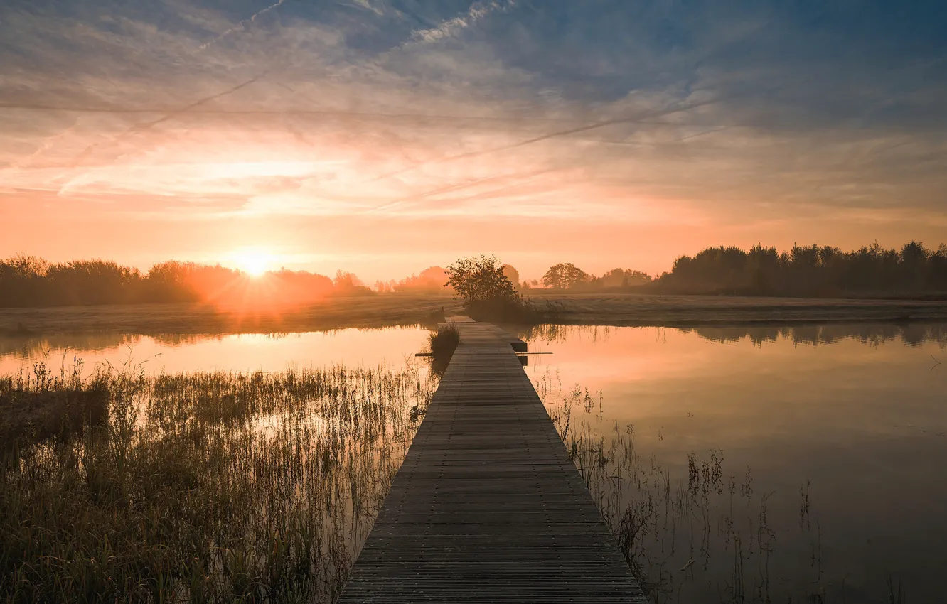 Photo wallpaper the sky, water, bridge, nature, river, dawn, morning, Netherlands