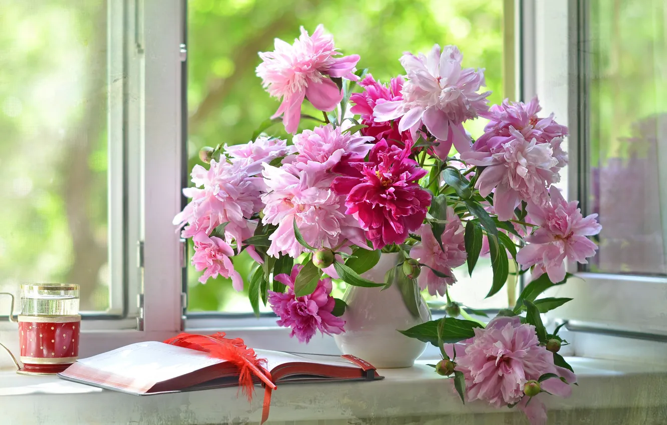 Photo wallpaper flowers, vase, book, peonies, sill, feathers